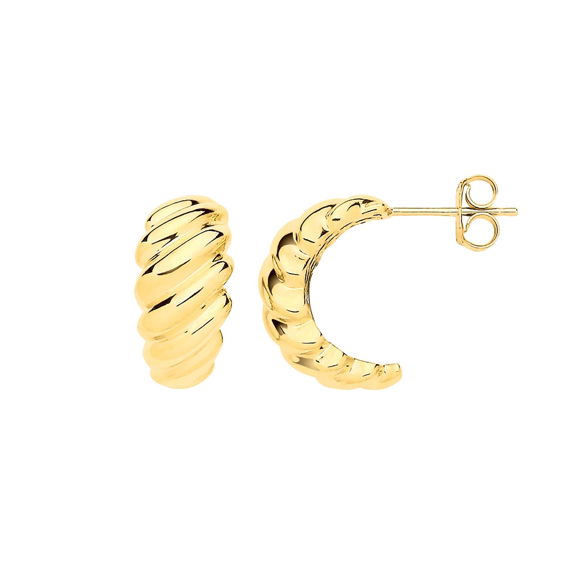 Yellow Gold Ribbed Hoop Hollow Earrings - 9ct Gold