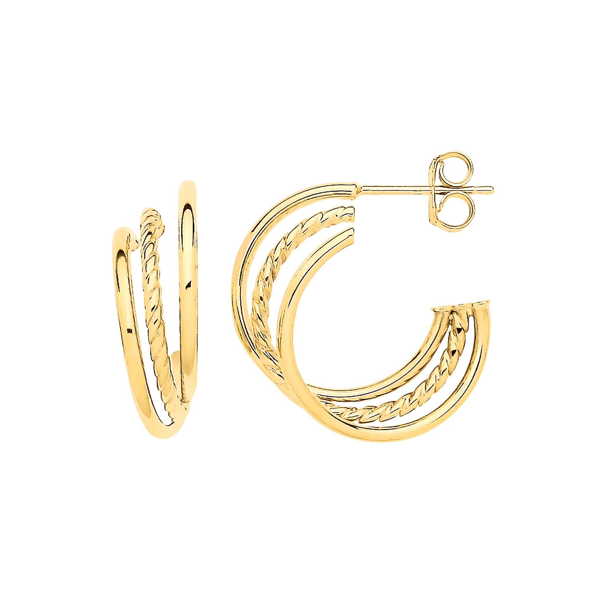 Yellow Gold Upside-Down Triple Hoop Earrings - 9ct Gold