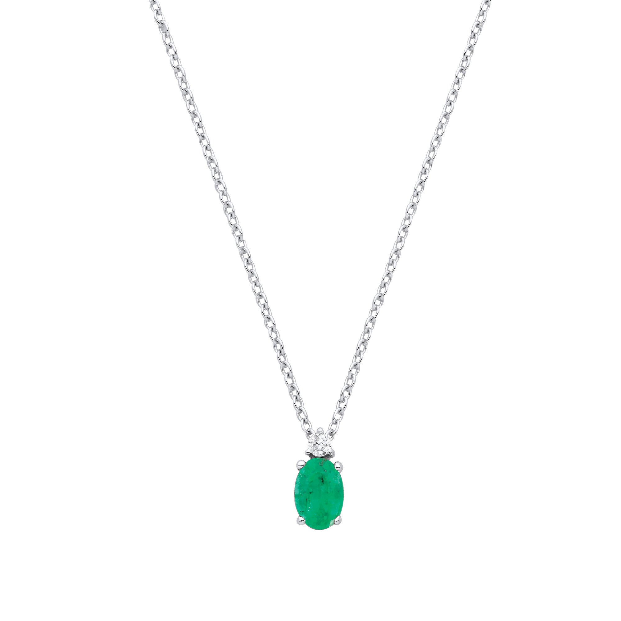 9ct White Gold Diamond 0.03ctw & Emerald 0.38ctw Necklace (Chain 17") - 9ct Gold