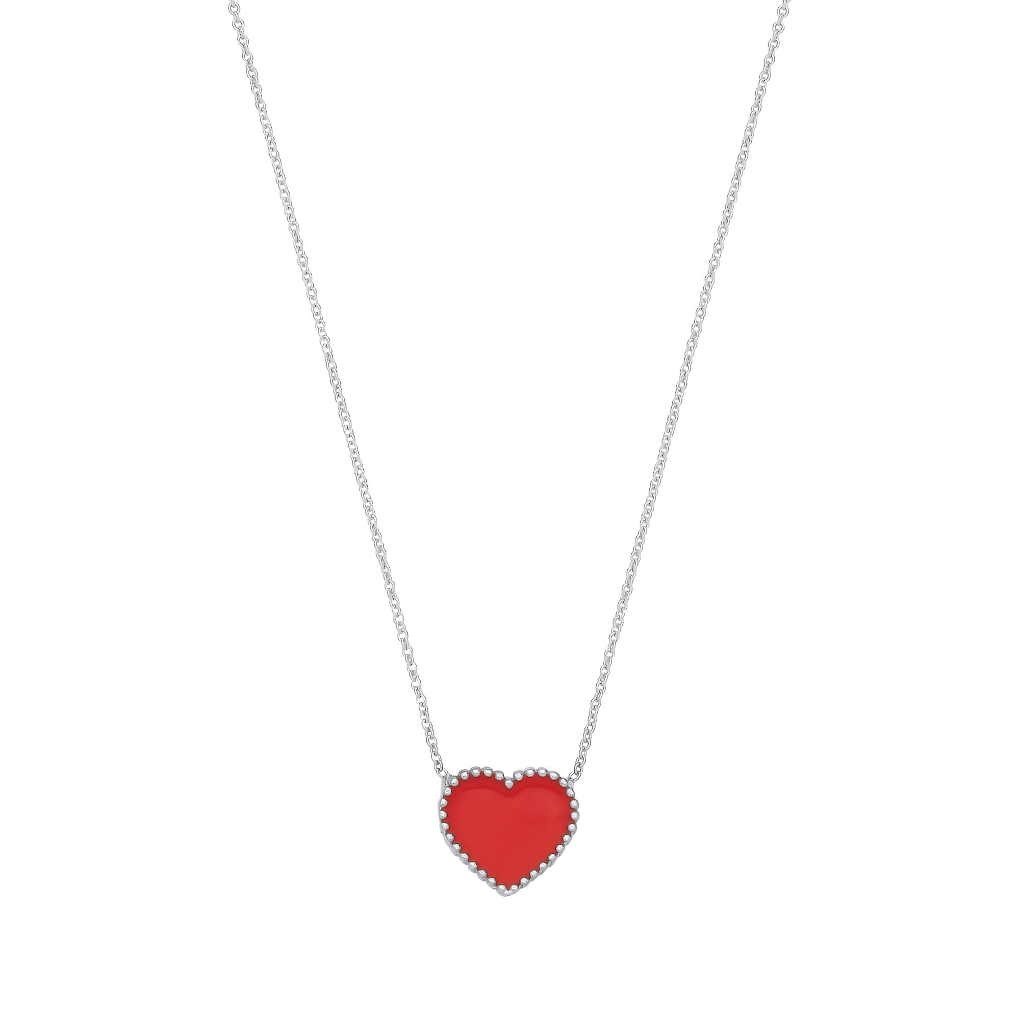 Silver RED Enamel Heart Pendant on Chain - Silver