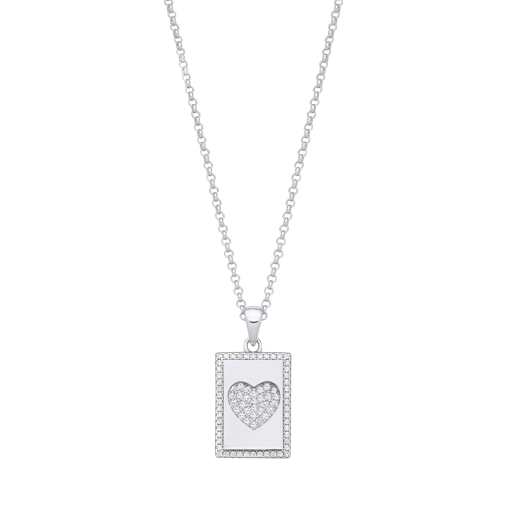 Silver Dog Tag Cubic Zirconias Heart Pendant on Chain - Silver