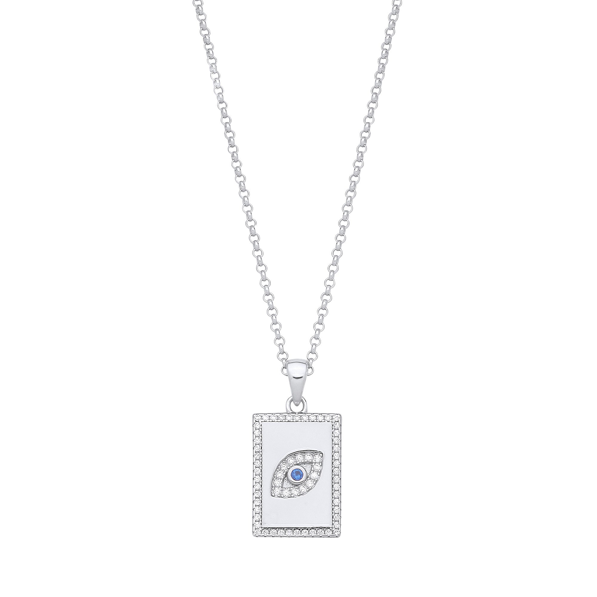 Silver Dog Tag Cubic Zirconias Evil Eye Pendant on Chain - Silver