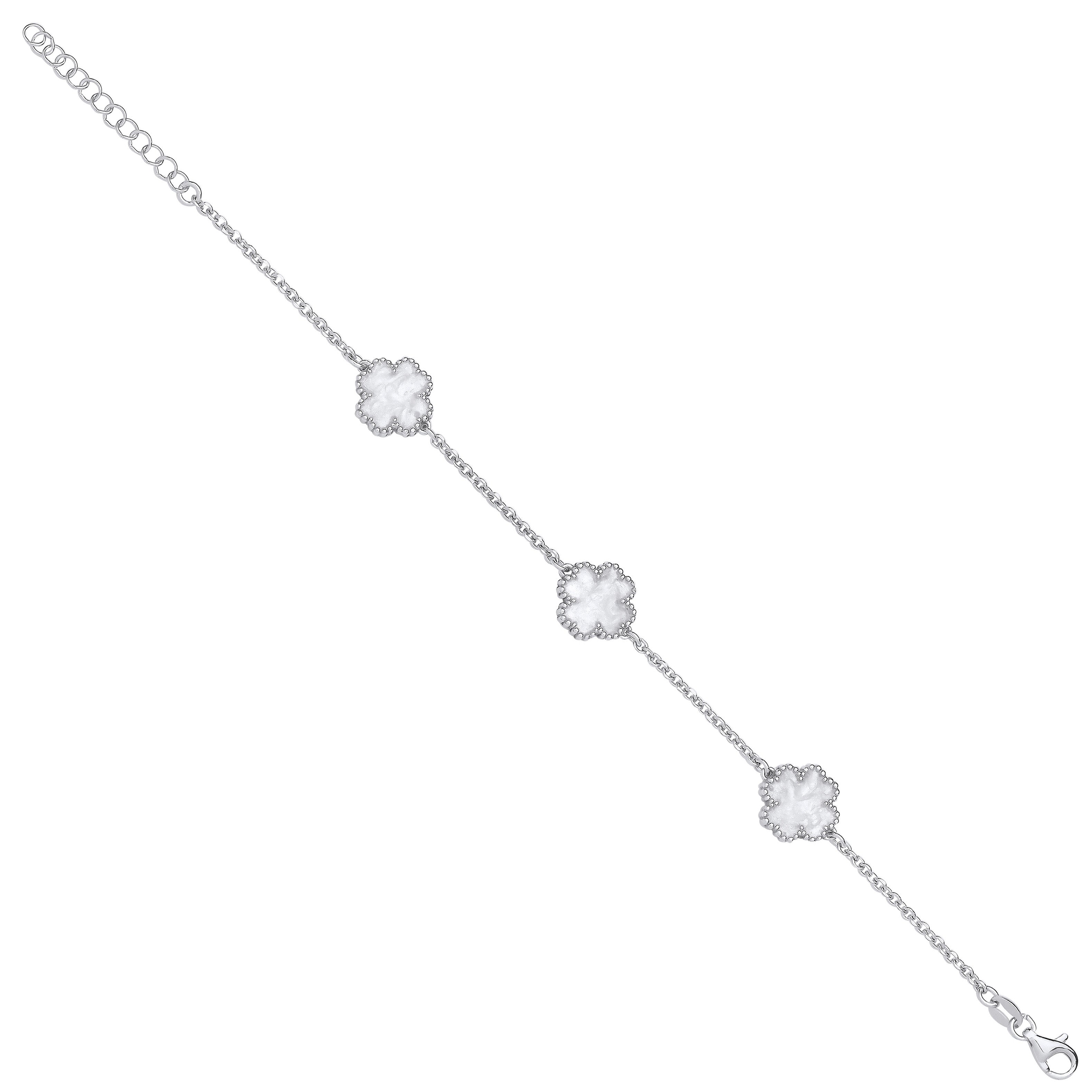 Silver WHITE Enamel Four Leaf Clover Bracelet - Silver