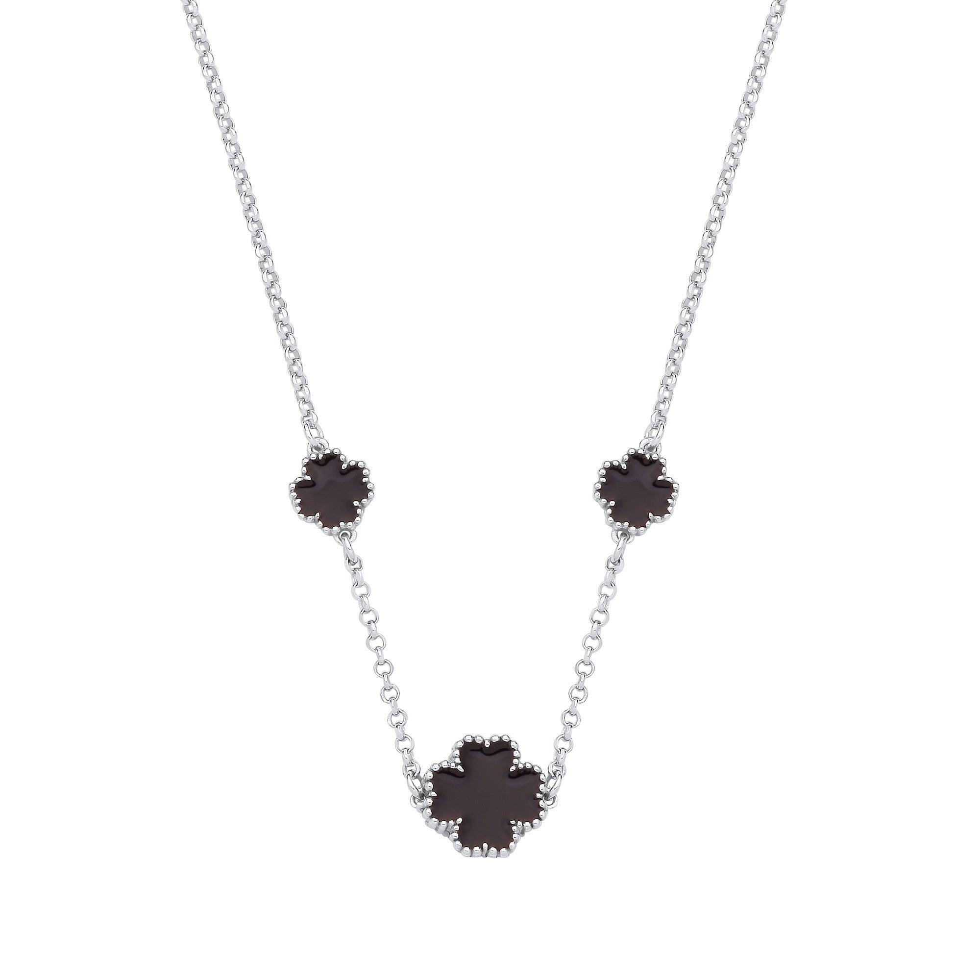 Silver BLACK Enamel Four Leaf Clover Necklace - Silver