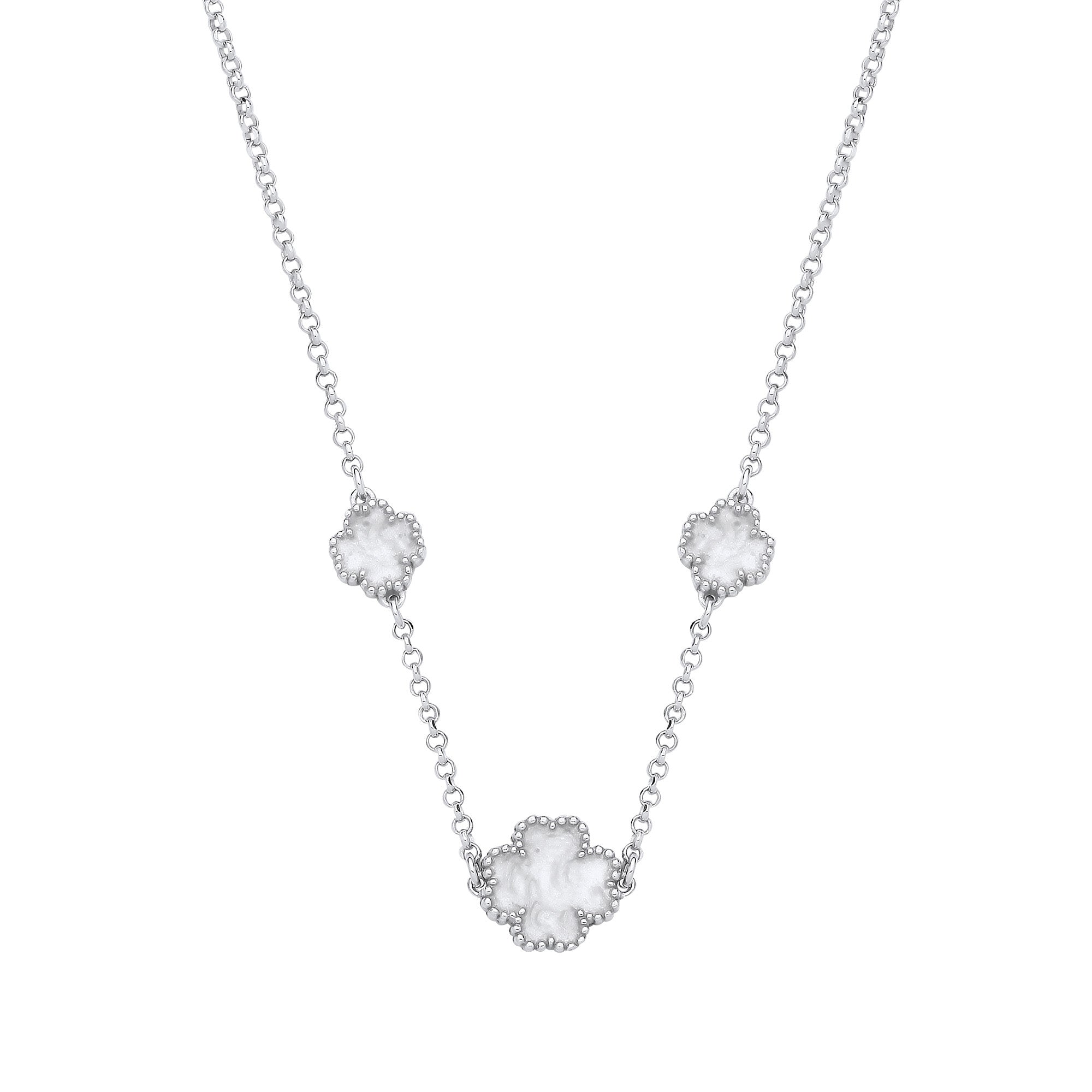 Silver WHITE Enamel Four Leaf Clover Necklace - Silver