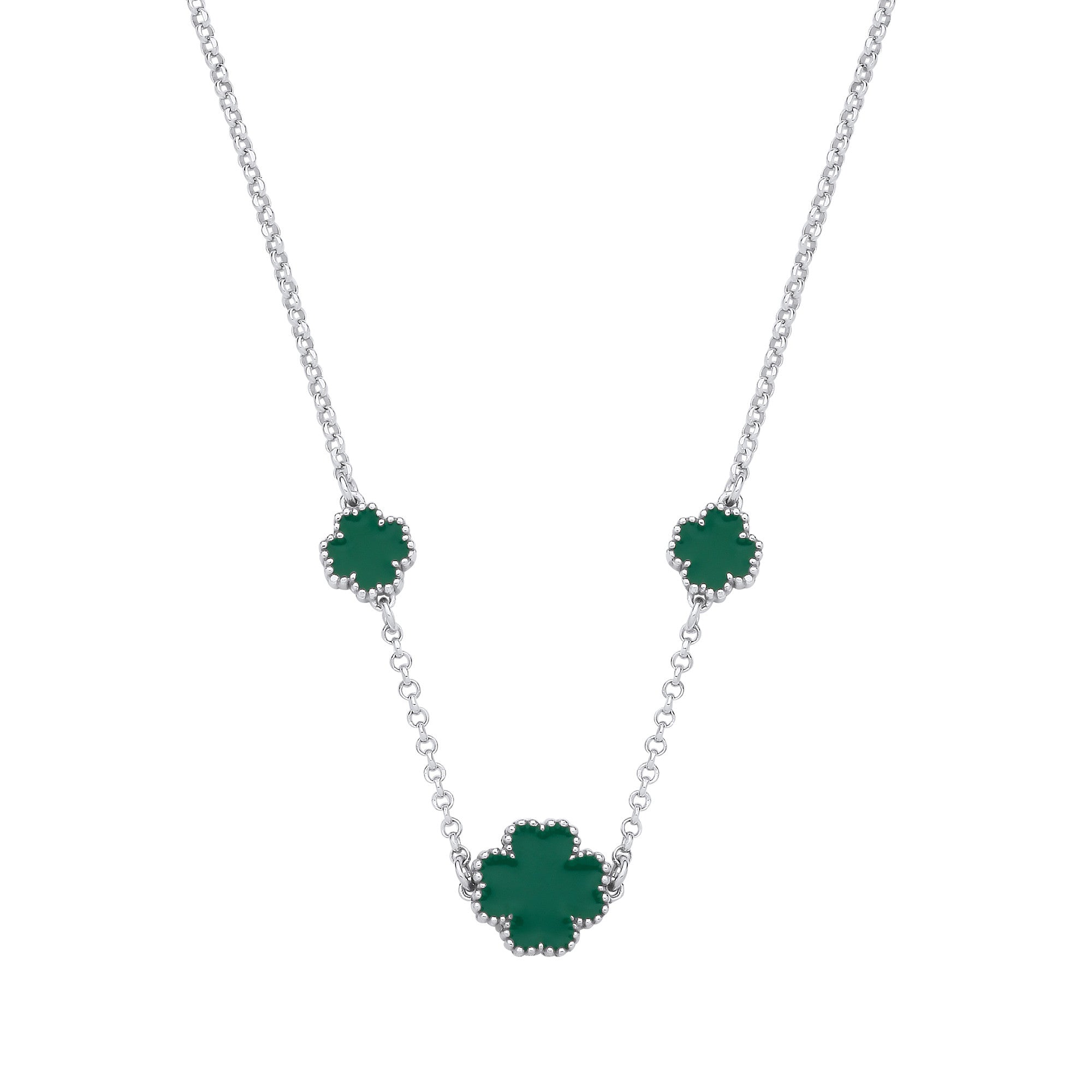 Silver GREEN Enamel Four Leaf Clover Necklace - Silver