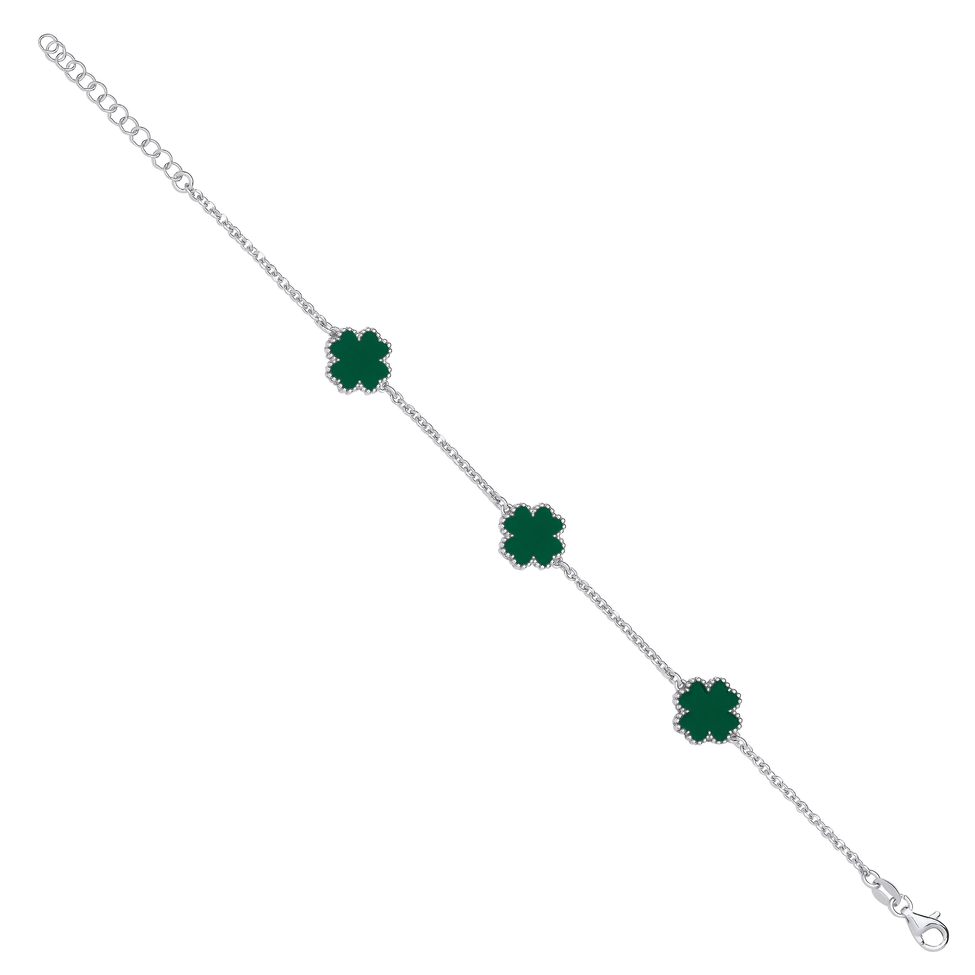 Silver GREEN Enamel Four Leaf Clover Bracelet - Silver