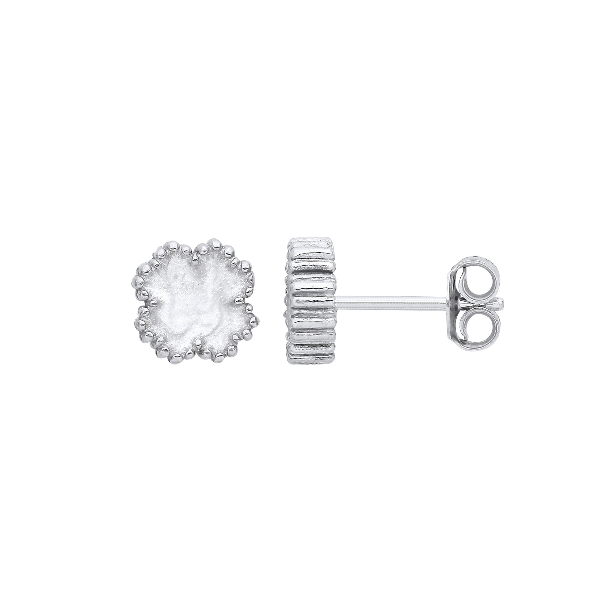 Silver WHITE Enamel Four Leaf Clover Studs - Silver