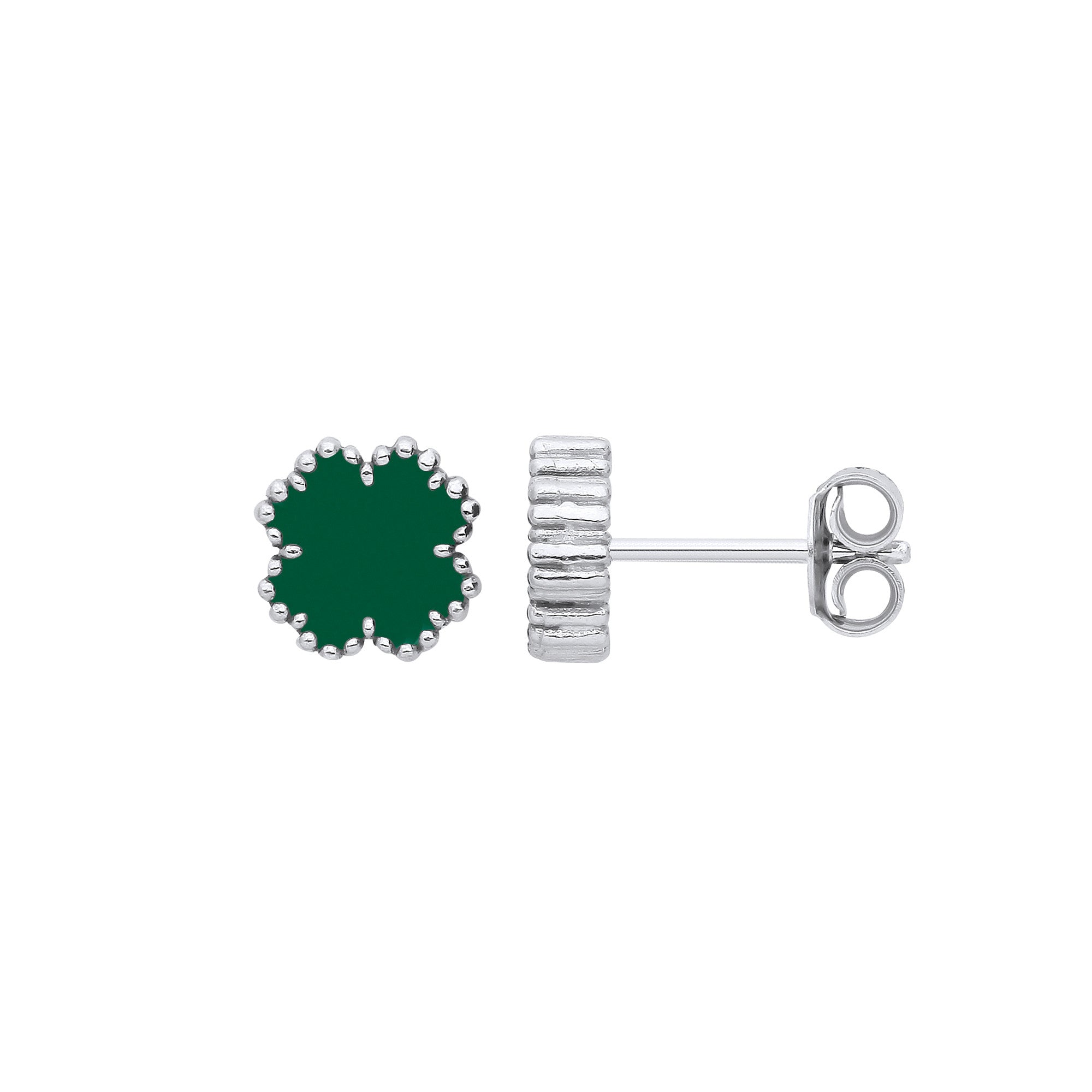 Silver GREEN Enamel Four Leaf Clover Studs - Silver