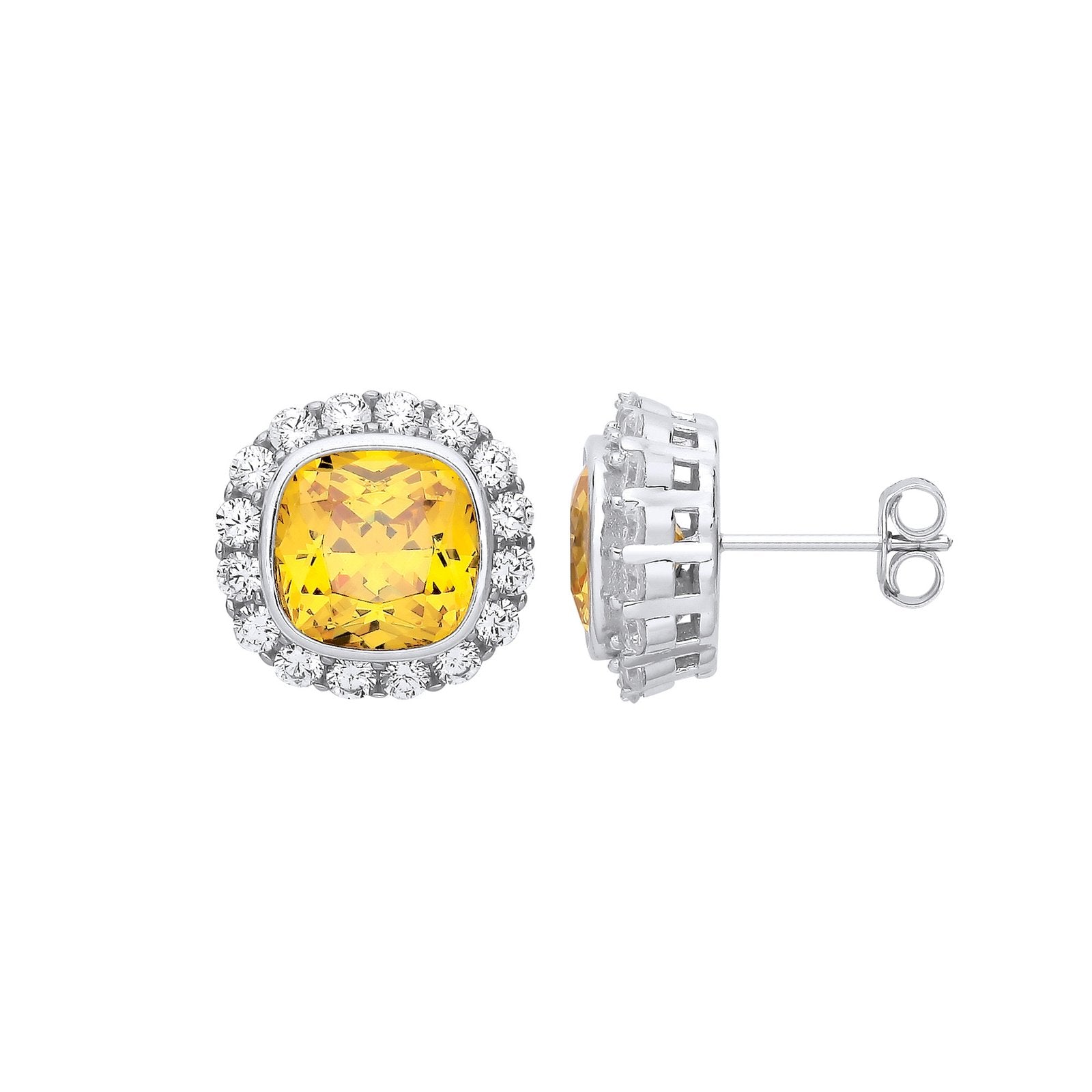 Silver Yellow CZ Halo Stud Earrings