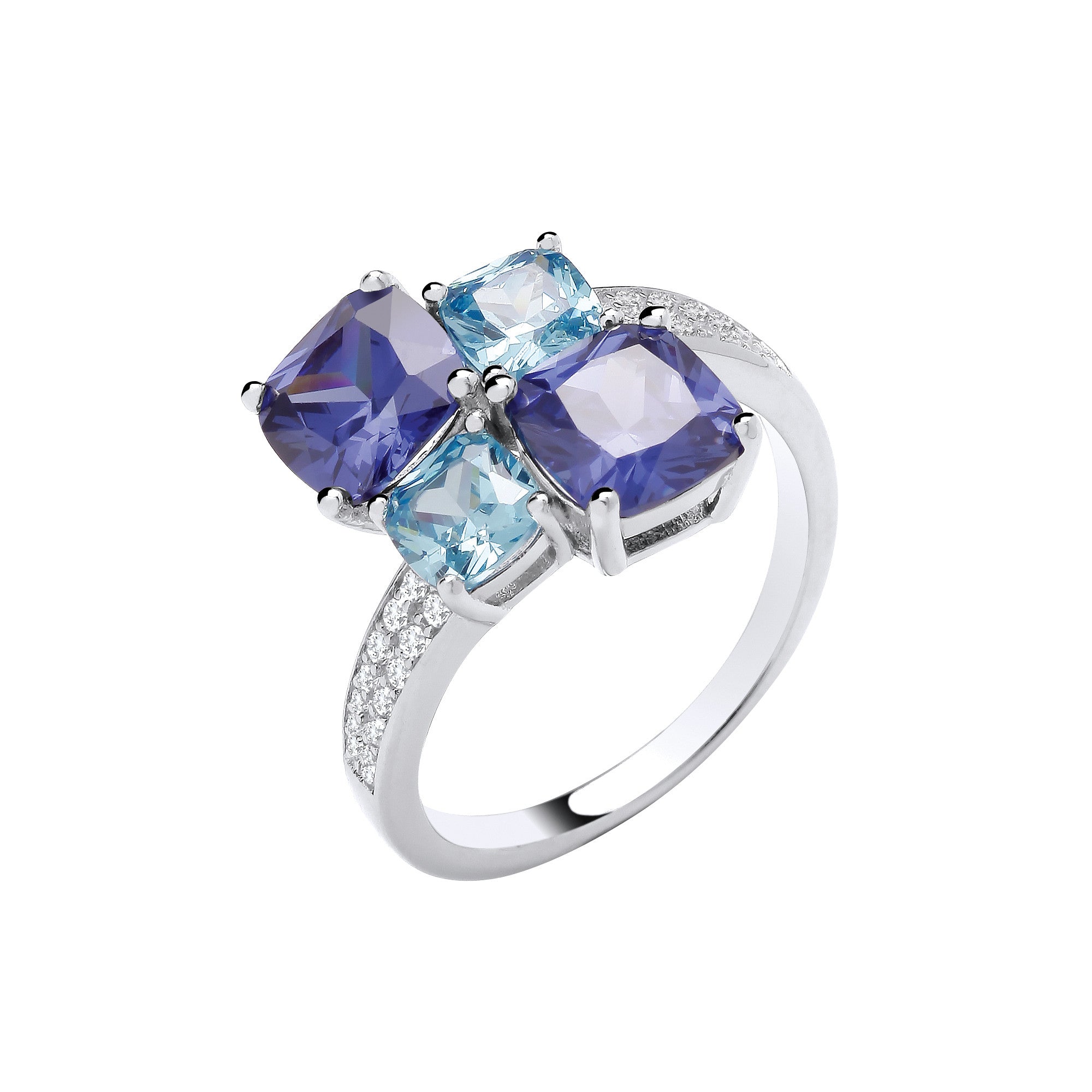 Silver BLUE Cubic Zirconias Cross-Over Ring