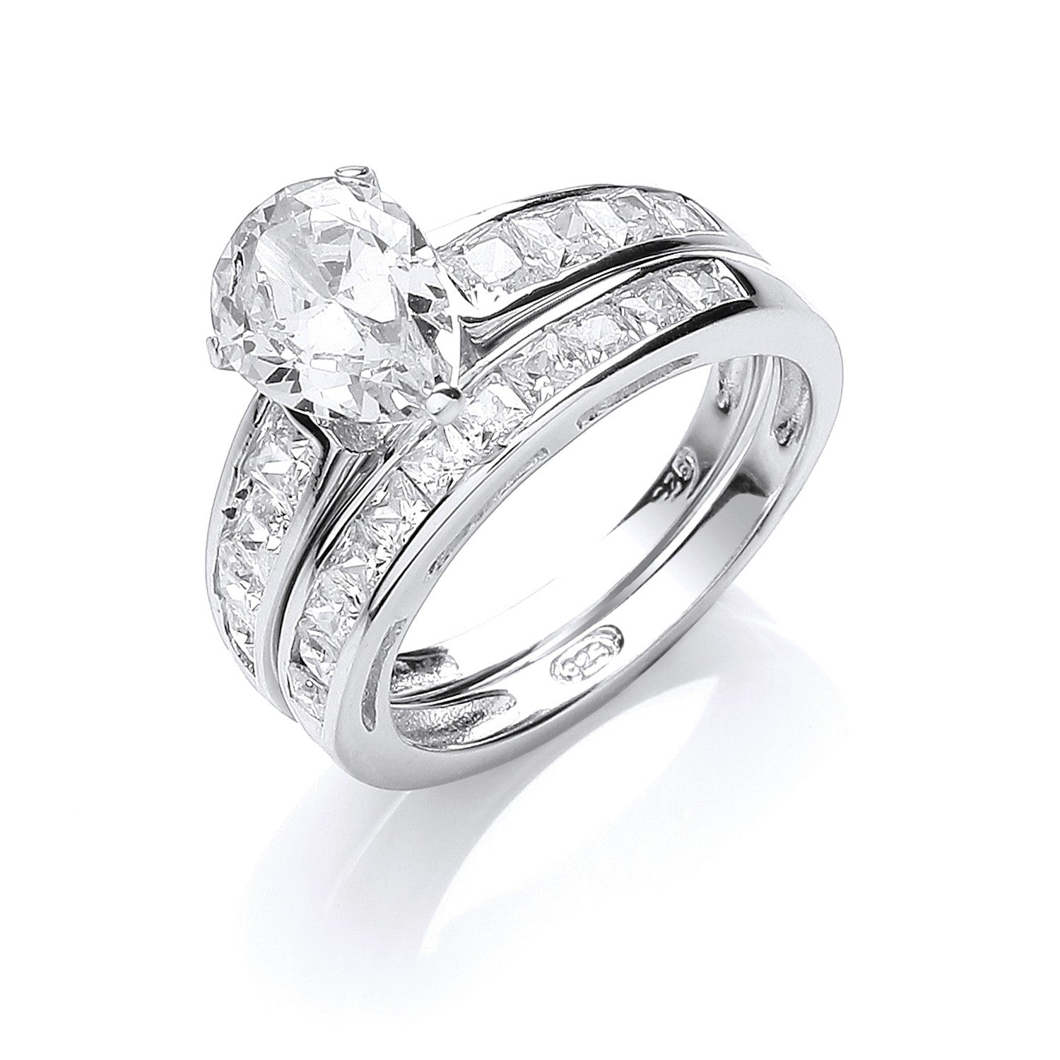 Silver Bridal Set, Pear Cubic Zirconia Centre Rings - Silver