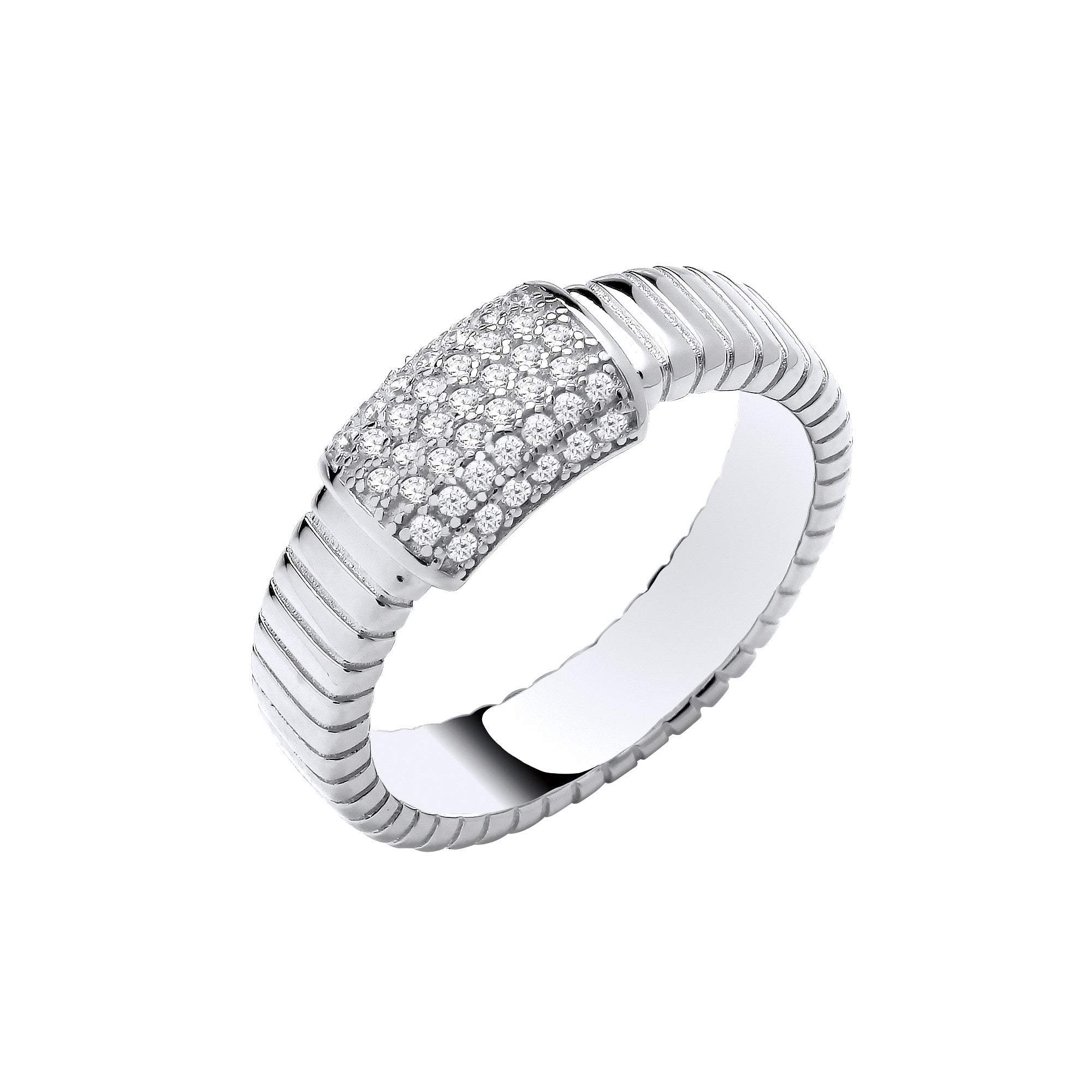 Silver Ribbed Link with Cubic Zirconia ID Plate Ring - Silver