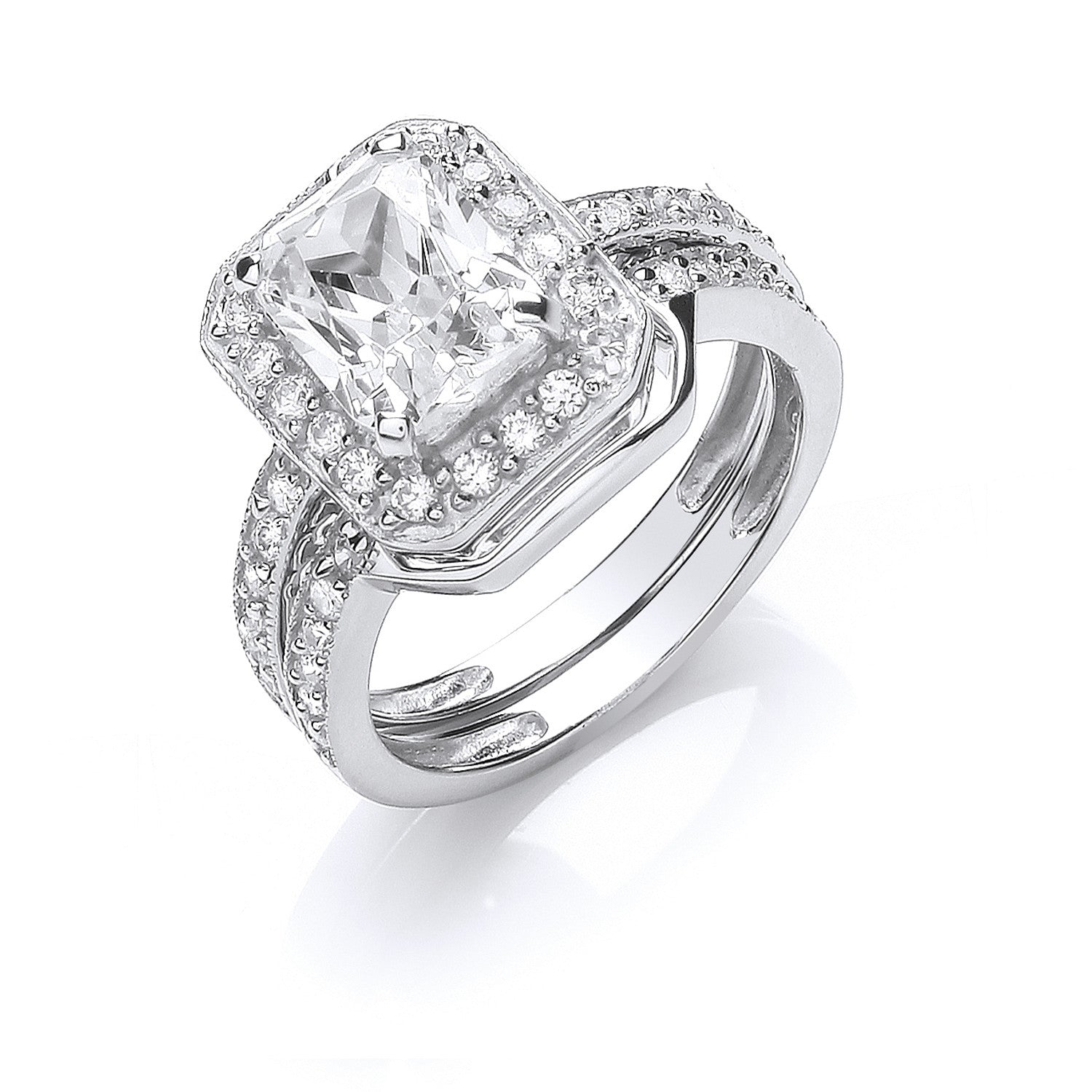 Silver Bridal Set Cubic Zirconia Emerald Cut Centre Rings - Silver