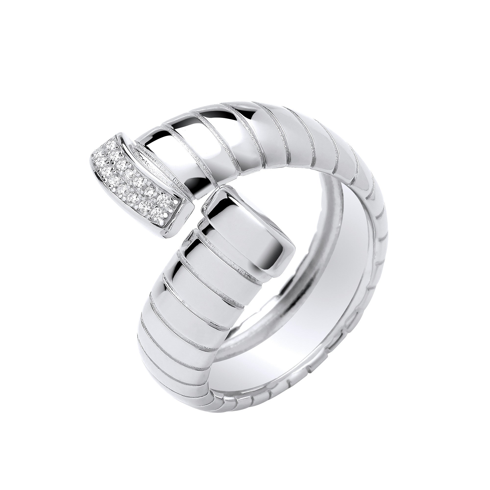 Silver Ribbed Cross-Over Cubic Zirconia Ring - Silver