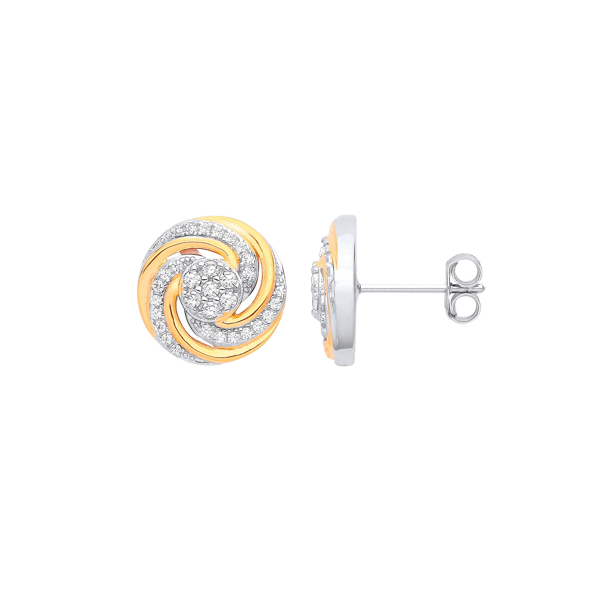 Silver & Yellow Gold Cubic Zirconia Plated Swirl Studs