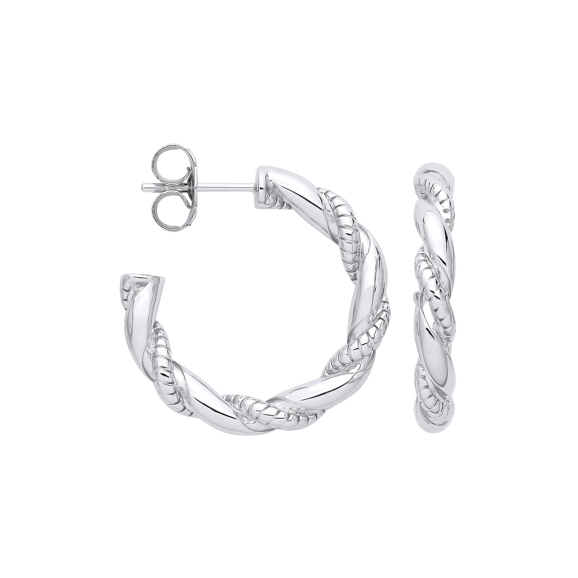 Silver Plain & Ribbed Twisted Hoop Earrings - Silver