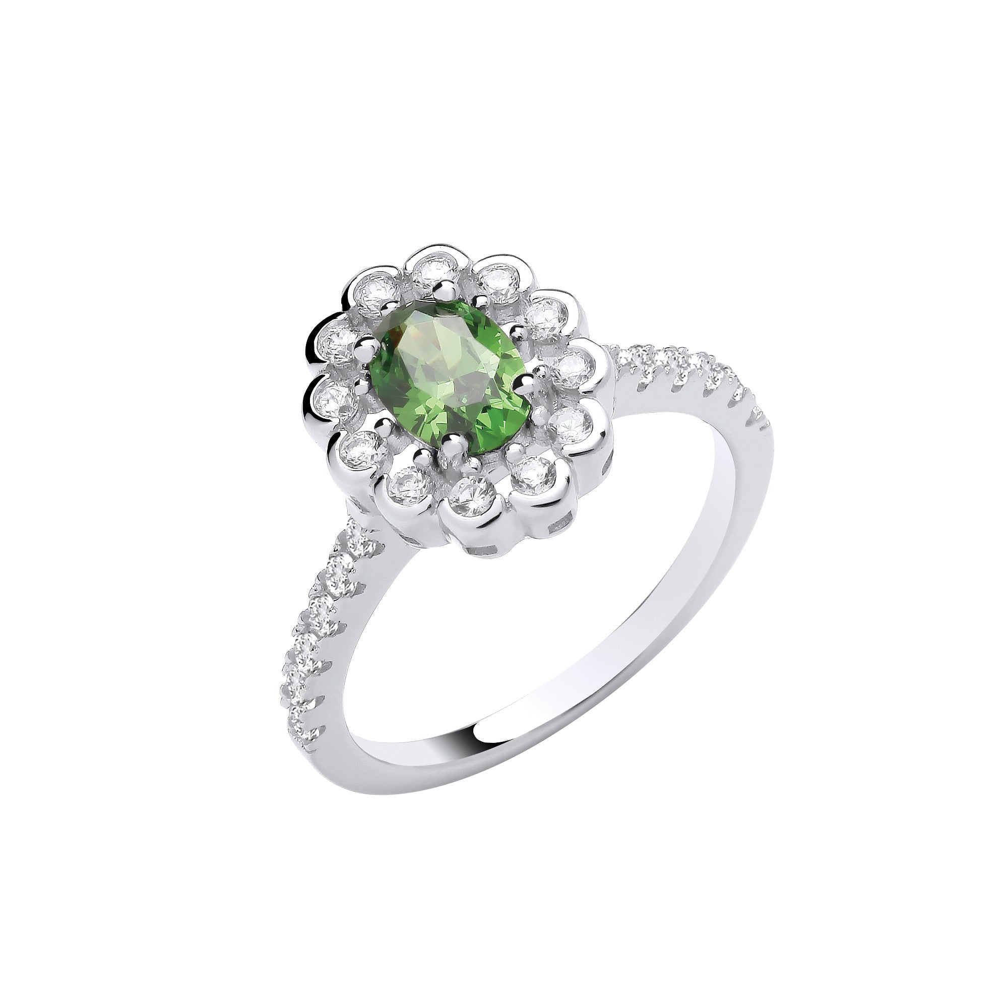 Silver Green Oval Cubic Zirconia Halo Ring - Silver