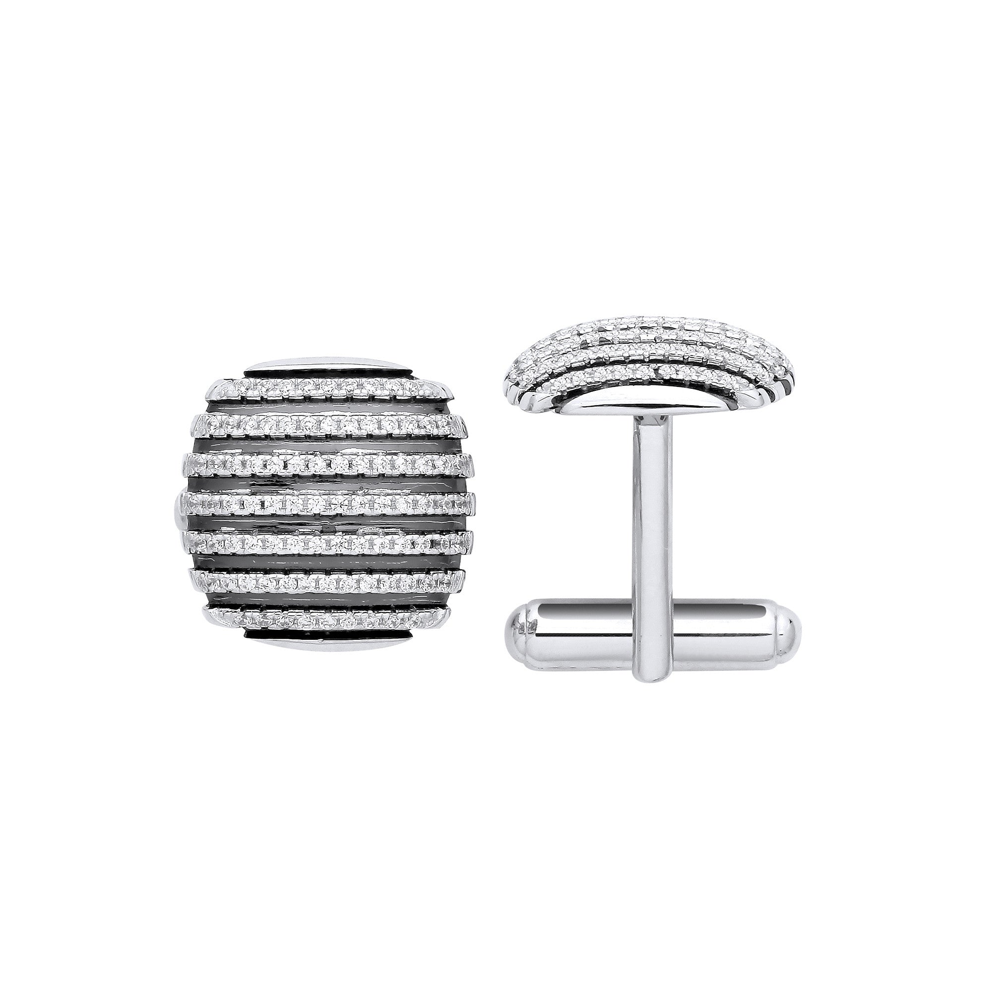 Boutons de manchette bombés en argent et zircone cubique à rayures noires et argentées - Argent
