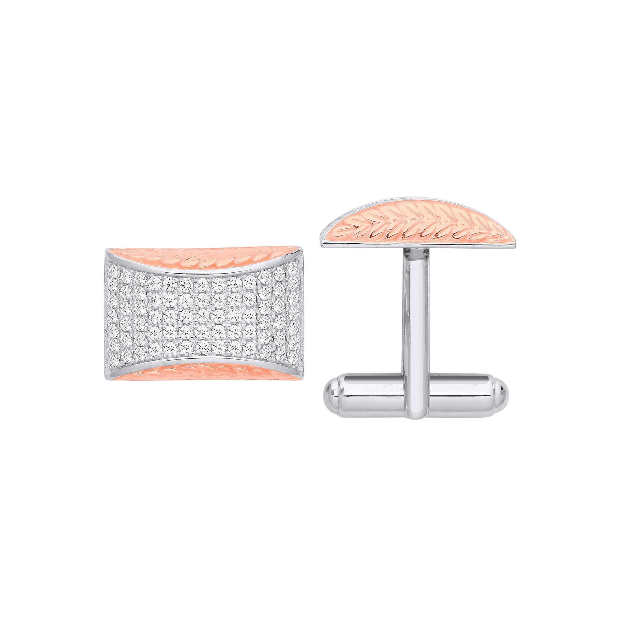 Silver Cubic Zirconias & Rose Gold Plating Barley Design Cufflinks - Silver