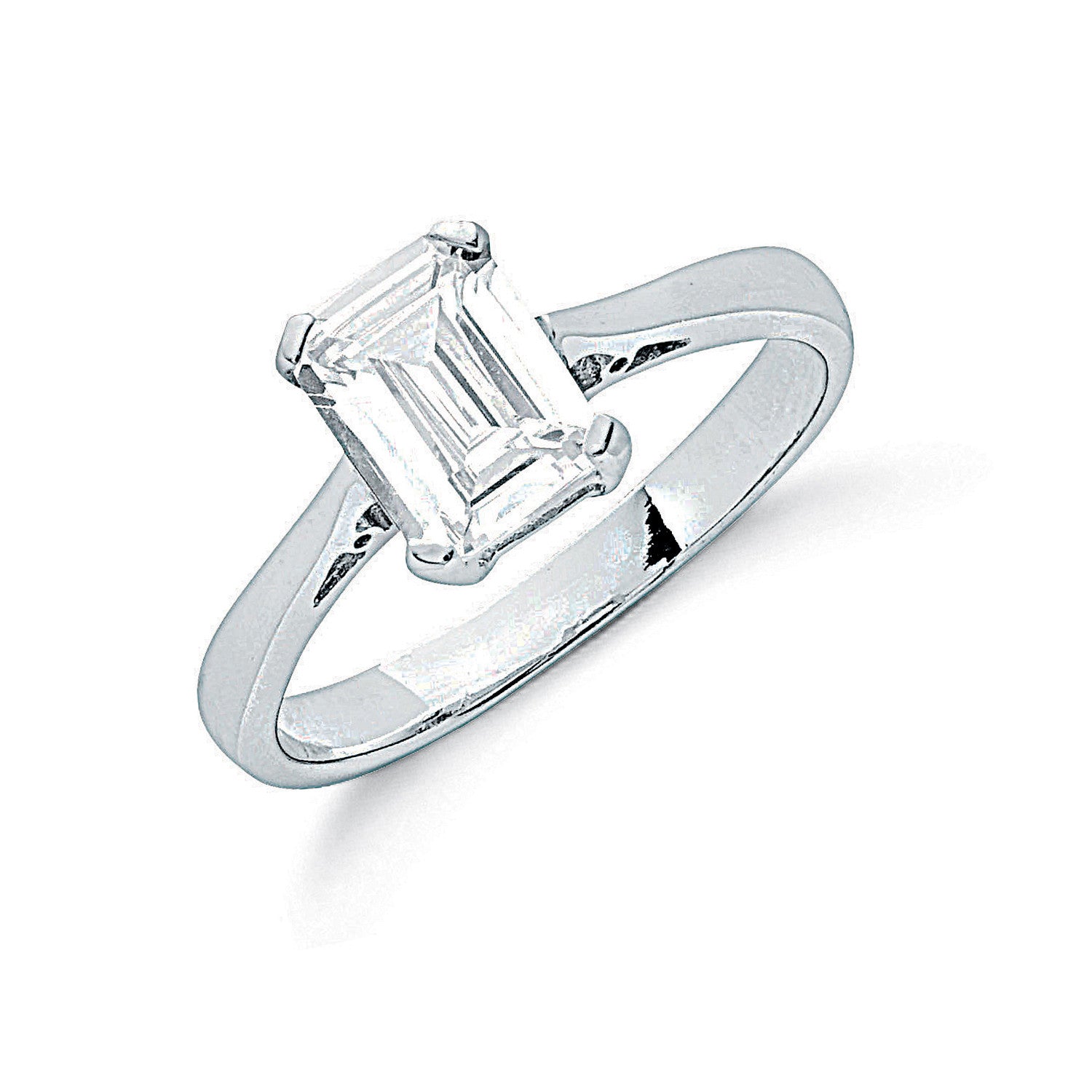 Silver Claw Set Emerald Cut Cubic Zirconia Solitaire Ring - Silver