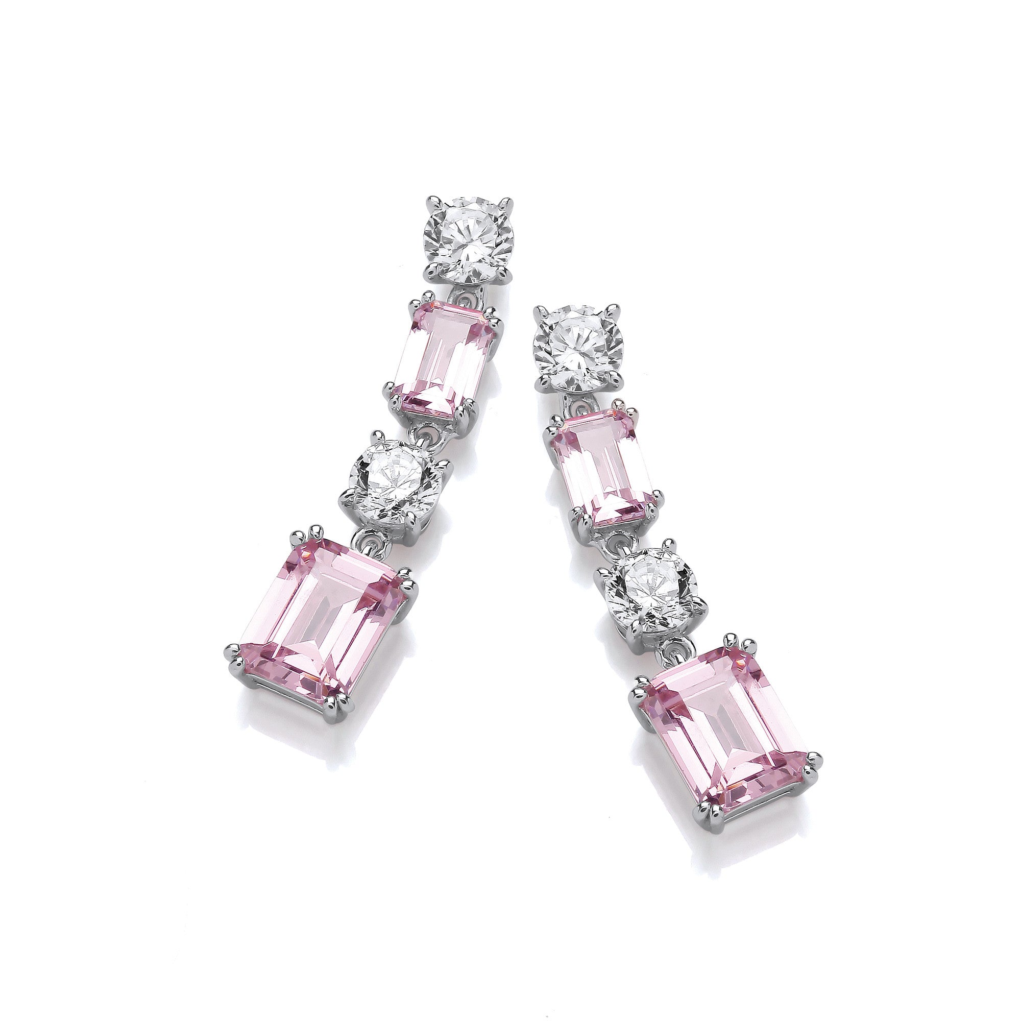 Pink & Clear Cubic Zirconias Silver Drop Earrings - Silver