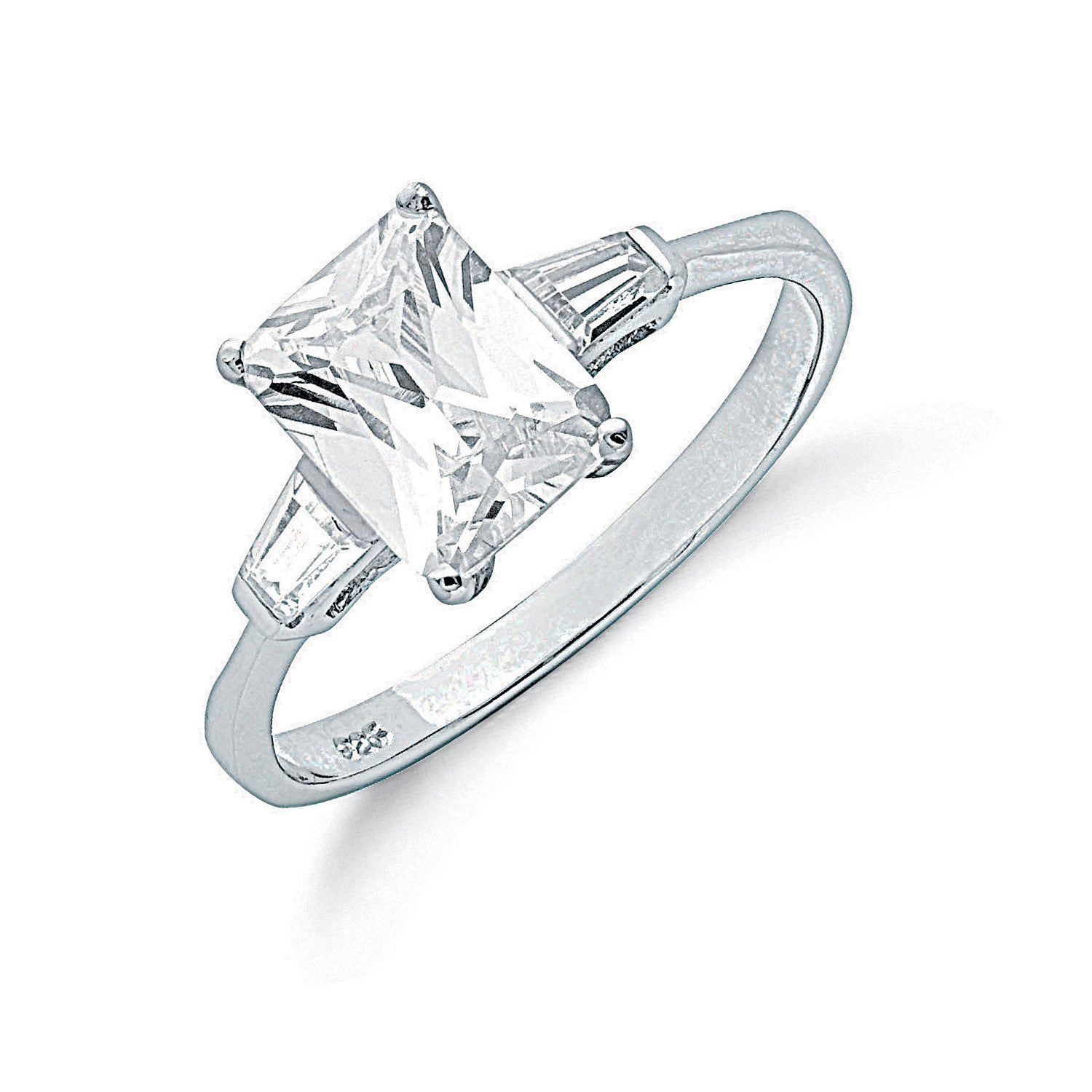 Silver Claw Set Emerald Cut Cubic Zirconia Solitaire Ring - Silver