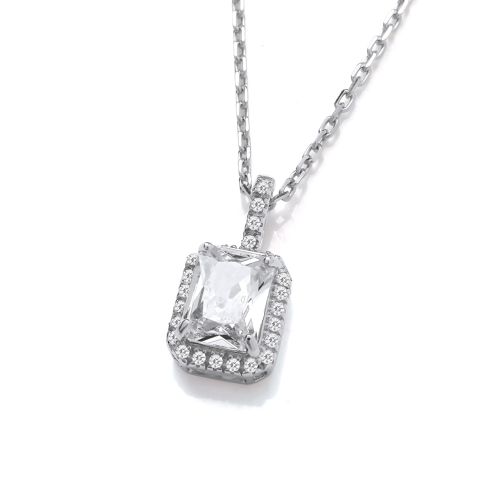 Emerald Cut Cubic Zirconia Halo , Cubic Zirconia Bail Silver Pendant with Chain - Silver