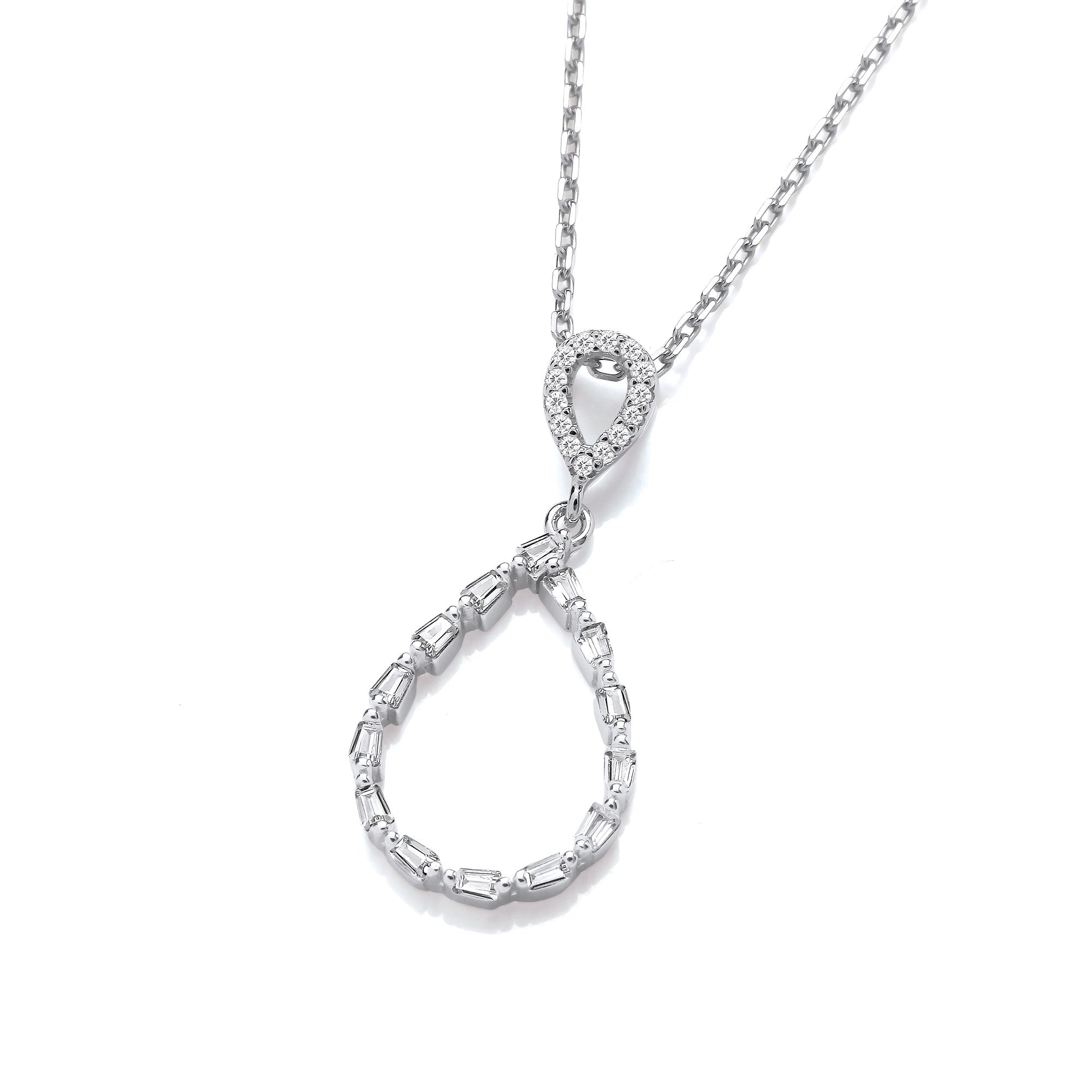 Teardrop Baguette Cubic Zirconias Silver Pendant with Chain - Silver