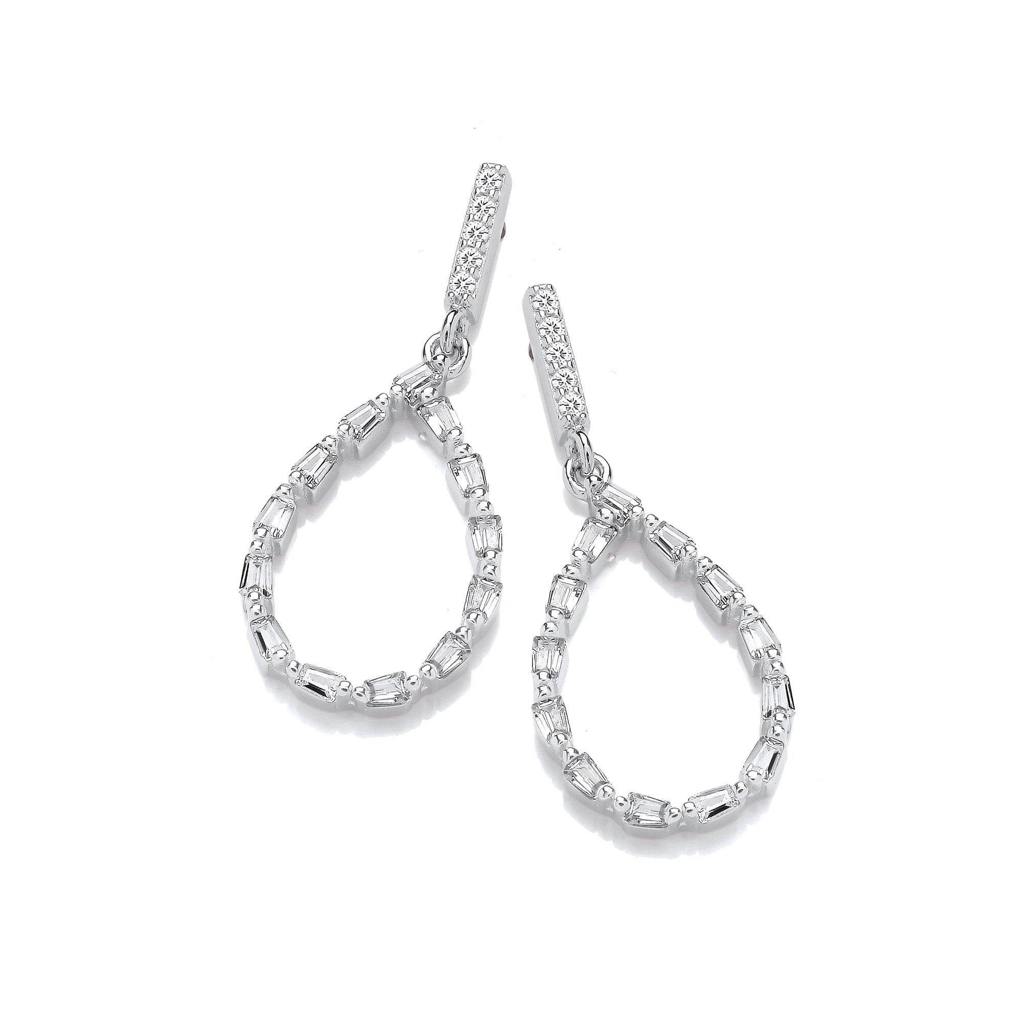 Teardrop Baguette Cubic Zirconias Silver Drop Earrings - Silver