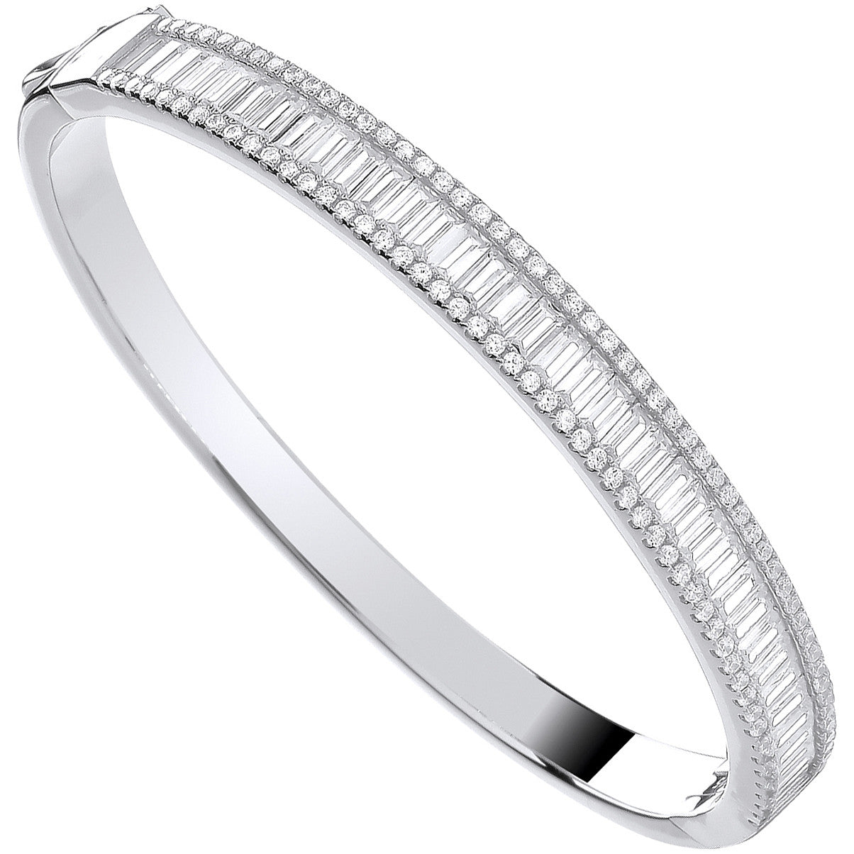 Silver Hinged Baguette & Round Cubic Zirconias Bangle - Silver