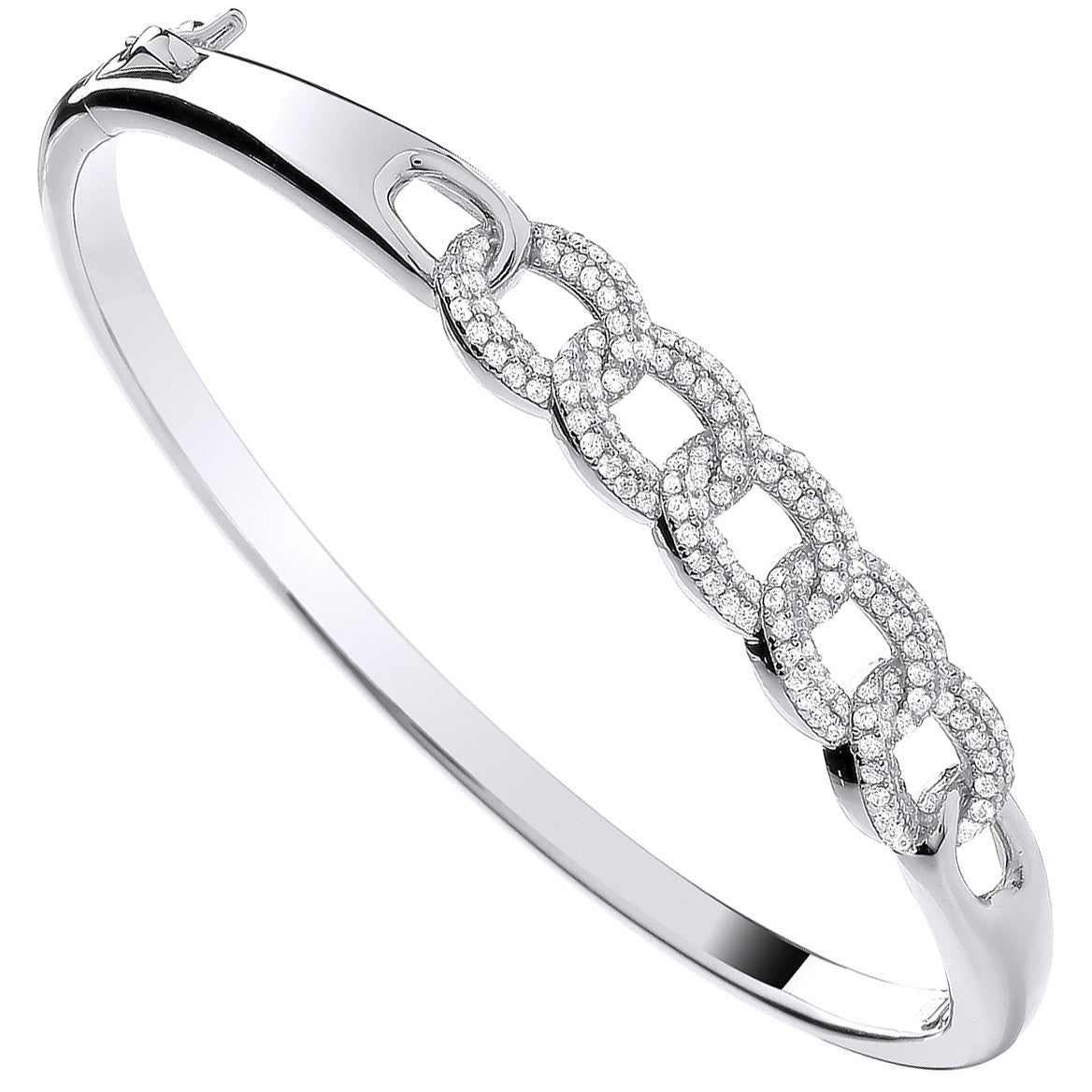 Silver Curb Link Style Cubic Zirconia Bangle - Silver