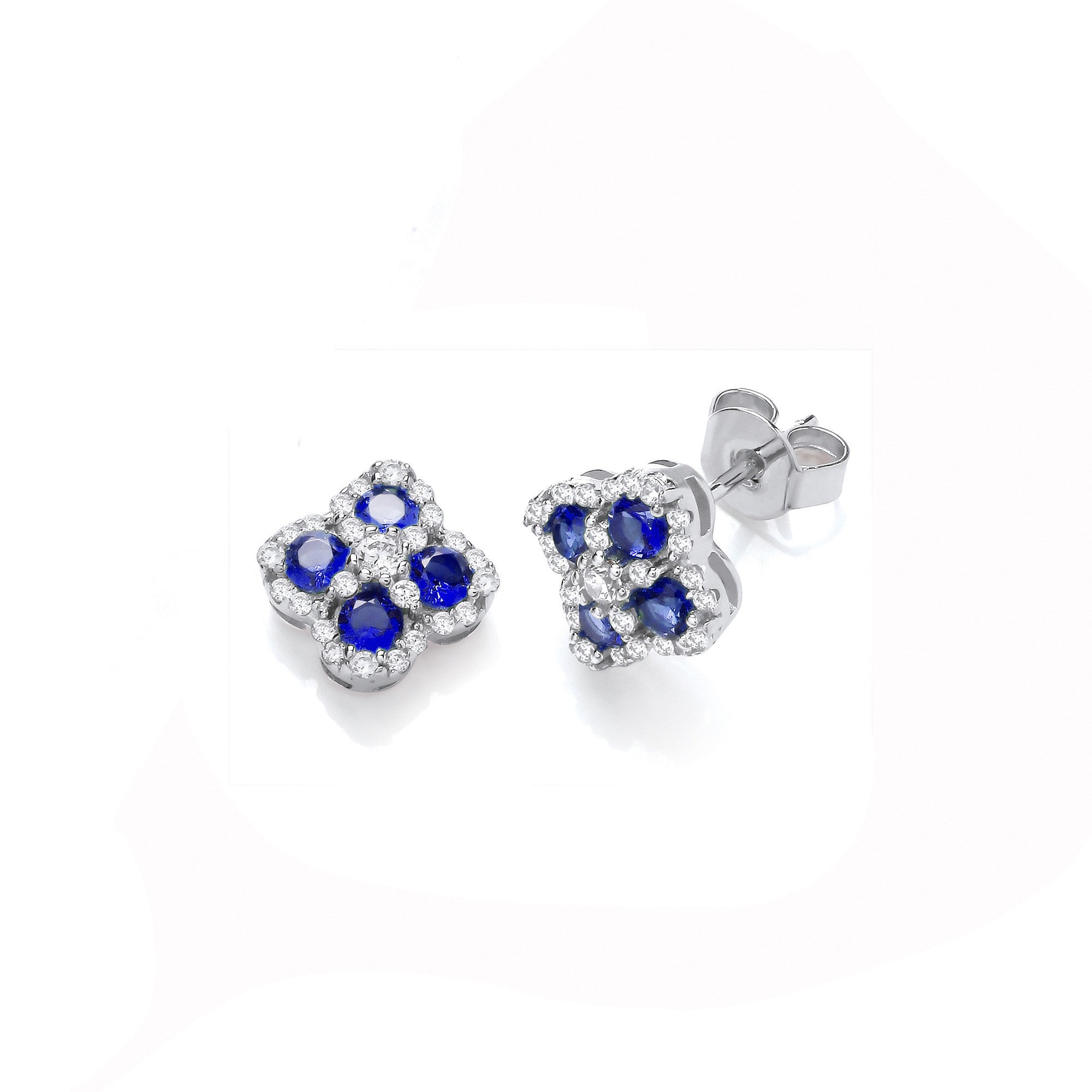 Blue Four Leaf Clover Cubic Zirconia Stud Earrings - Silver