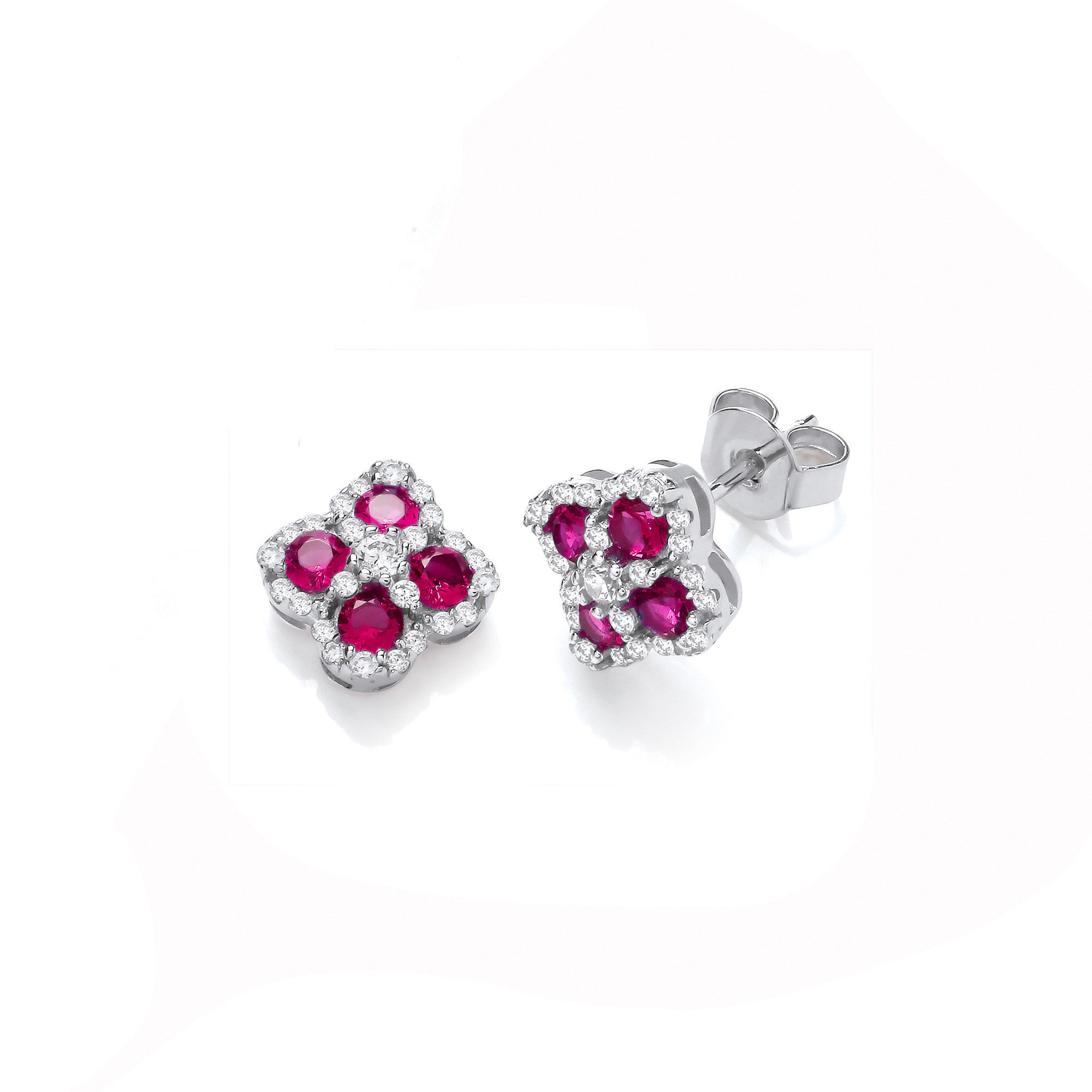 Red Four Leaf Clover Cubic Zirconia Stud Earrings - Silver