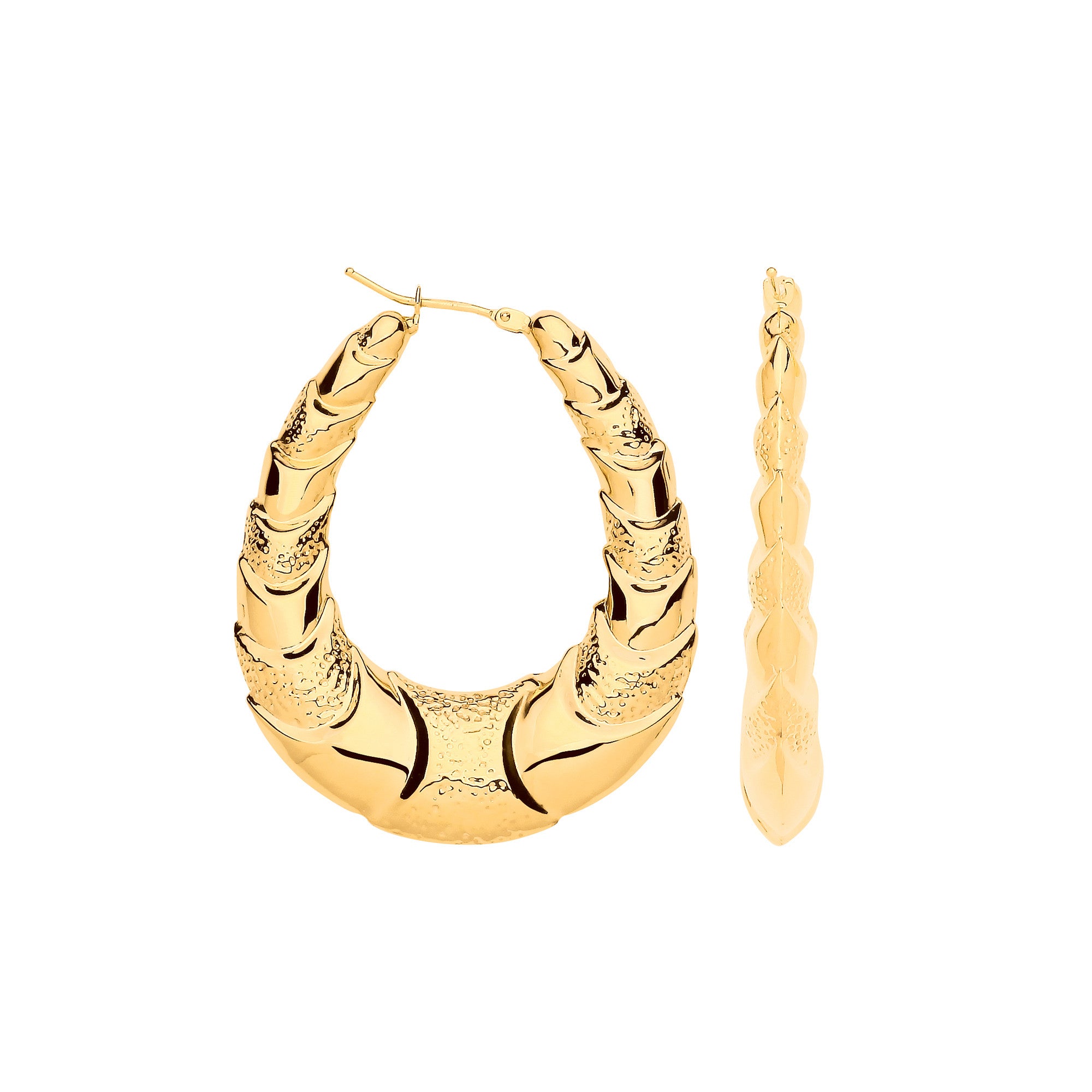 Yellow Gold Fancy Oval Design Creoles - 9ct Gold