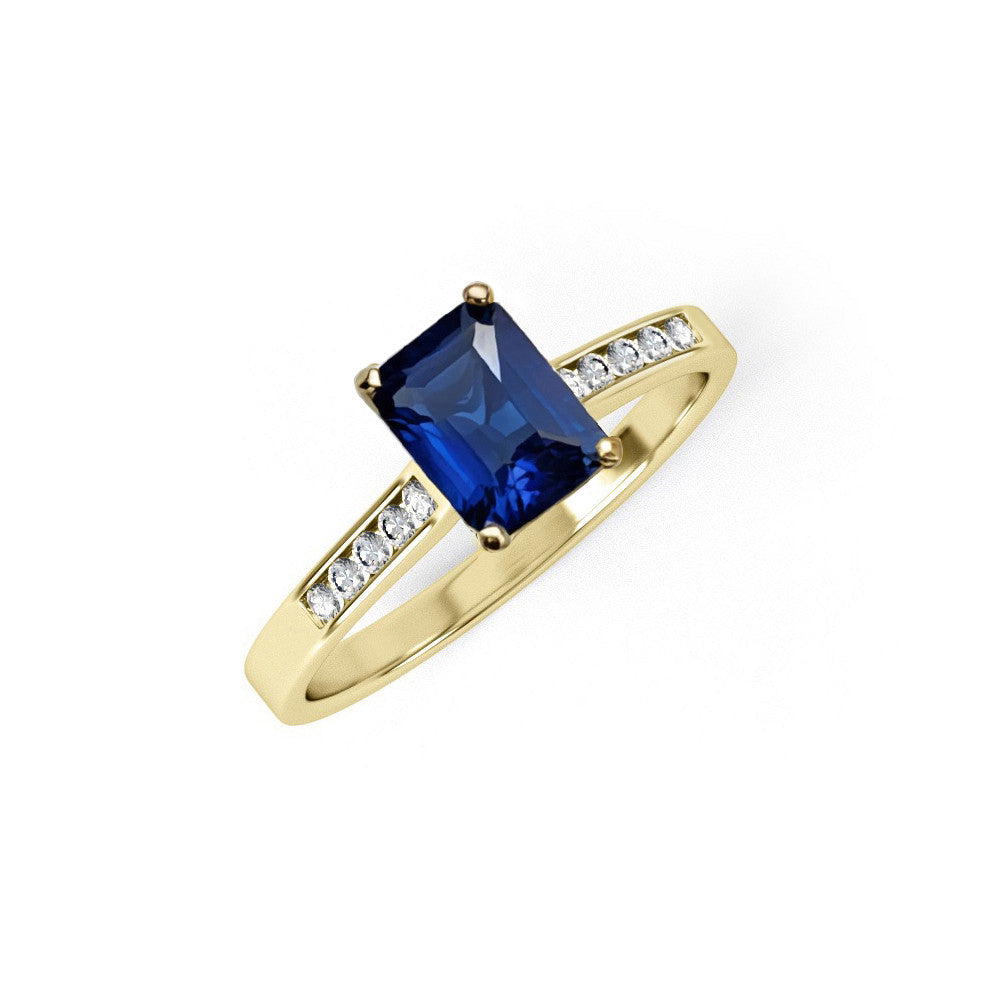 Yellow Gold Emerald Cut Blue Cubic Zirconia Ladies Ring - 9ct Gold