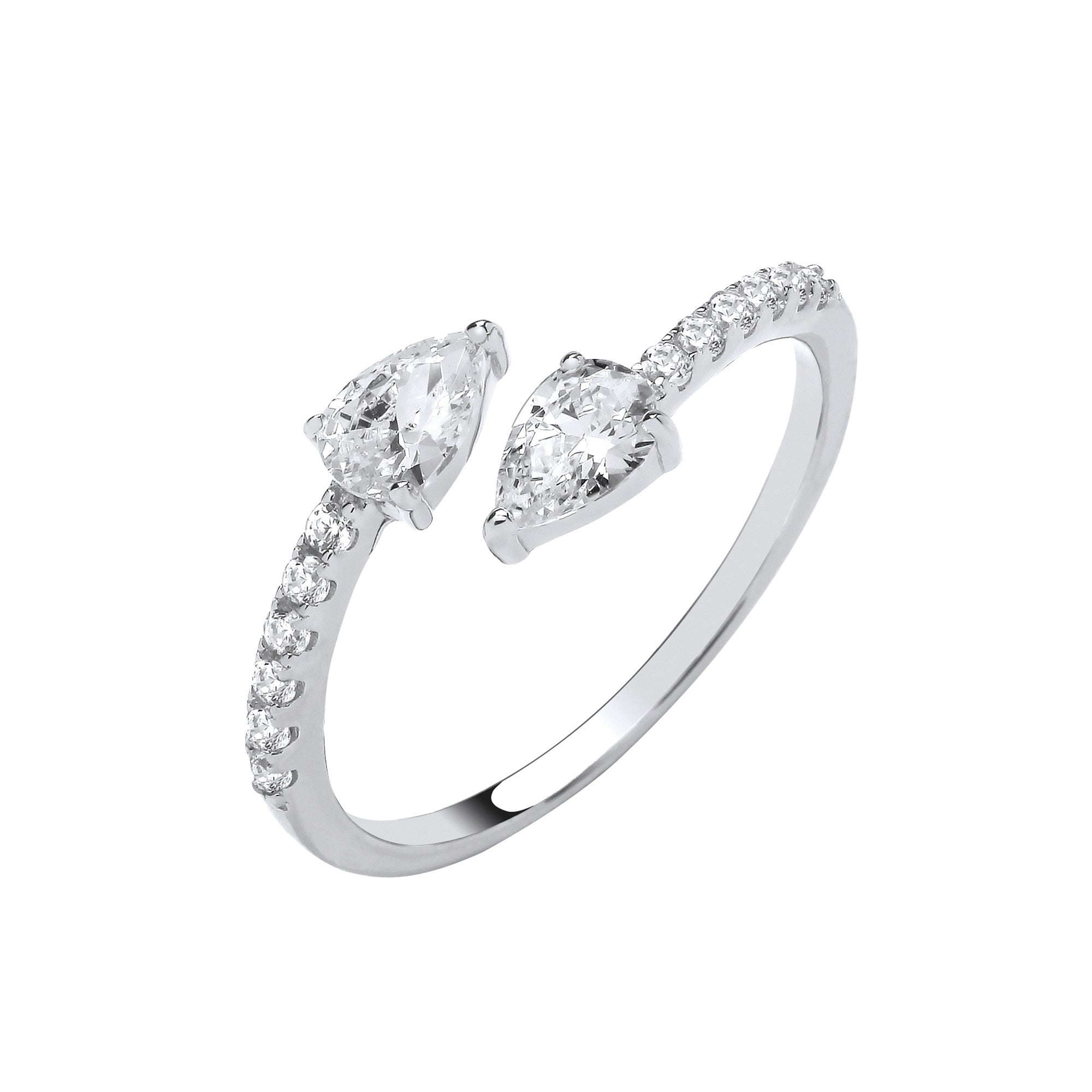 Silver Cross-Over Pear Shape Cubic Zirconias Ring - Silver