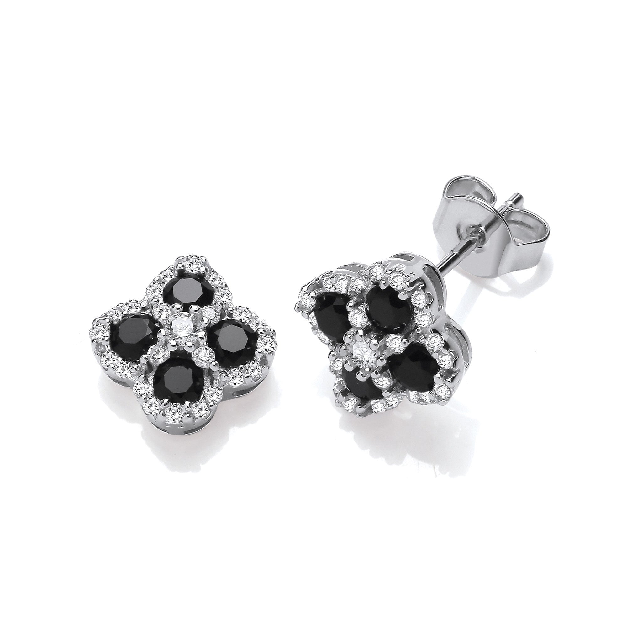 Black Four Leaf Clover Cubic Zirconia Stud Earrings - Silver