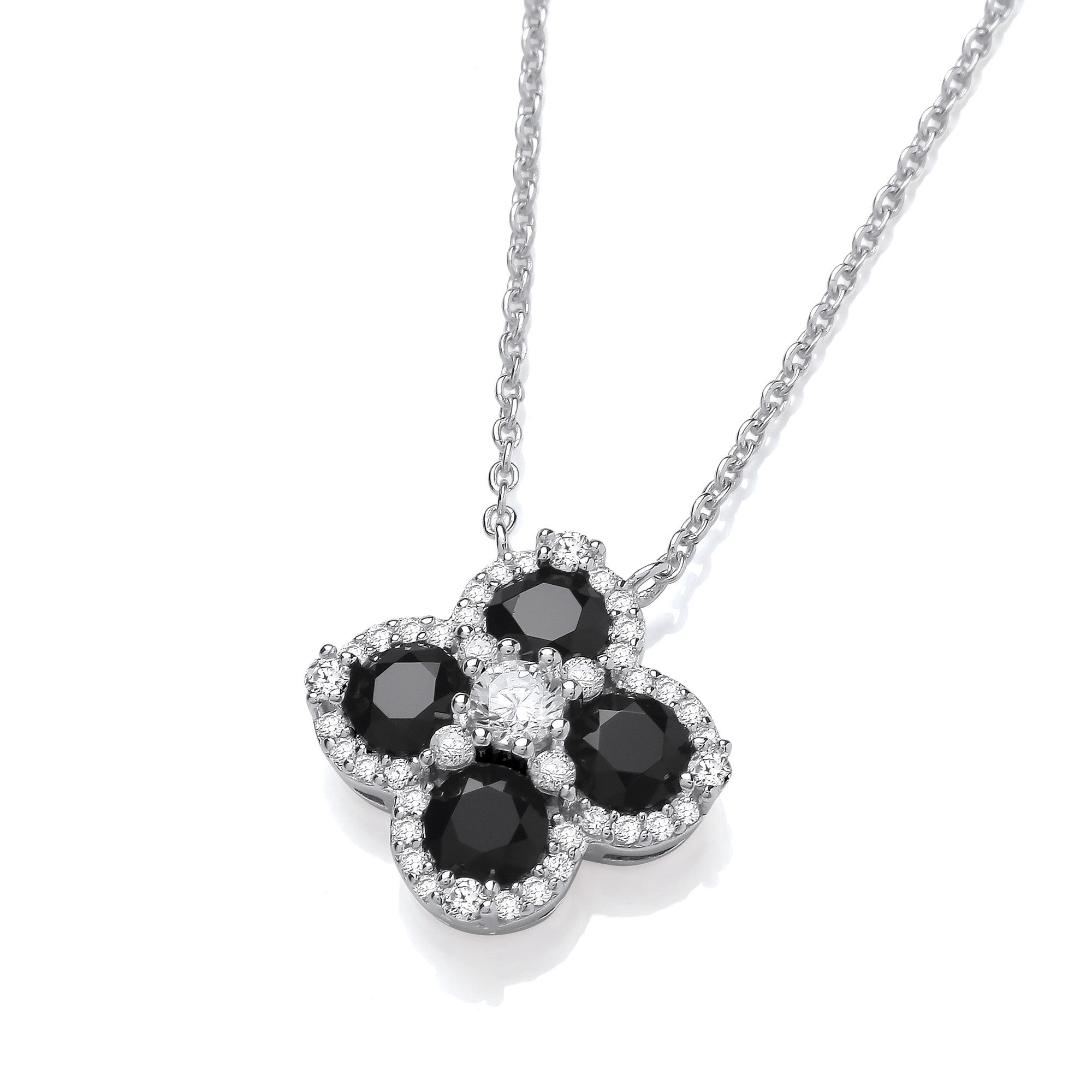 Black Four Leaf Clover Cubic Zirconia Silver Necklace - Silver