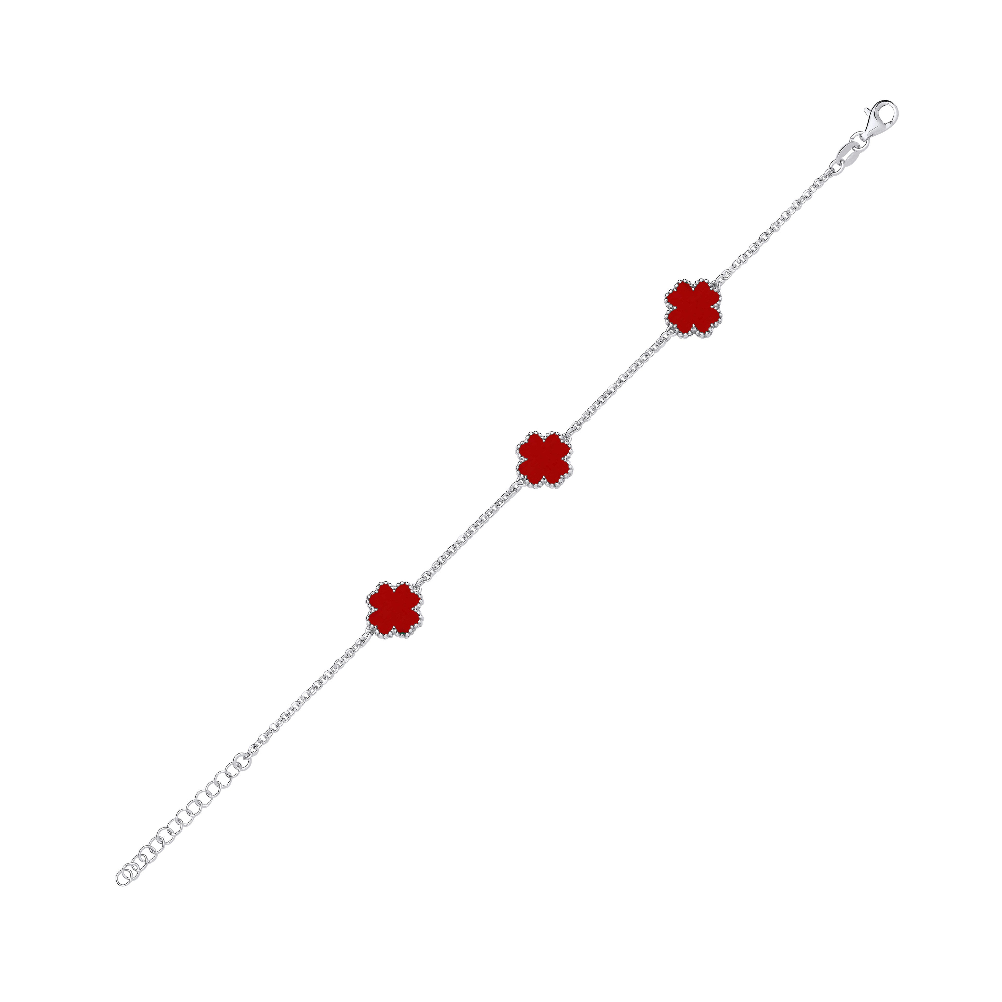 Silver RED Enamel Four Leaf Clover Bracelet - Silver