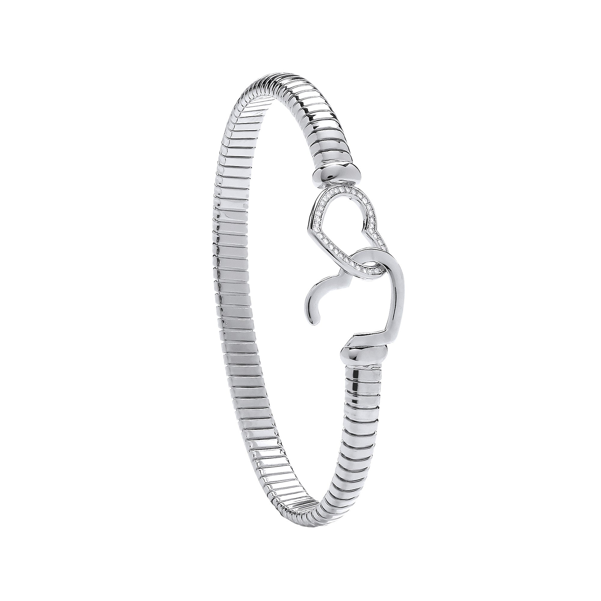 Silver Hearts Hook, Ribbed Ladies Bangle - Silver