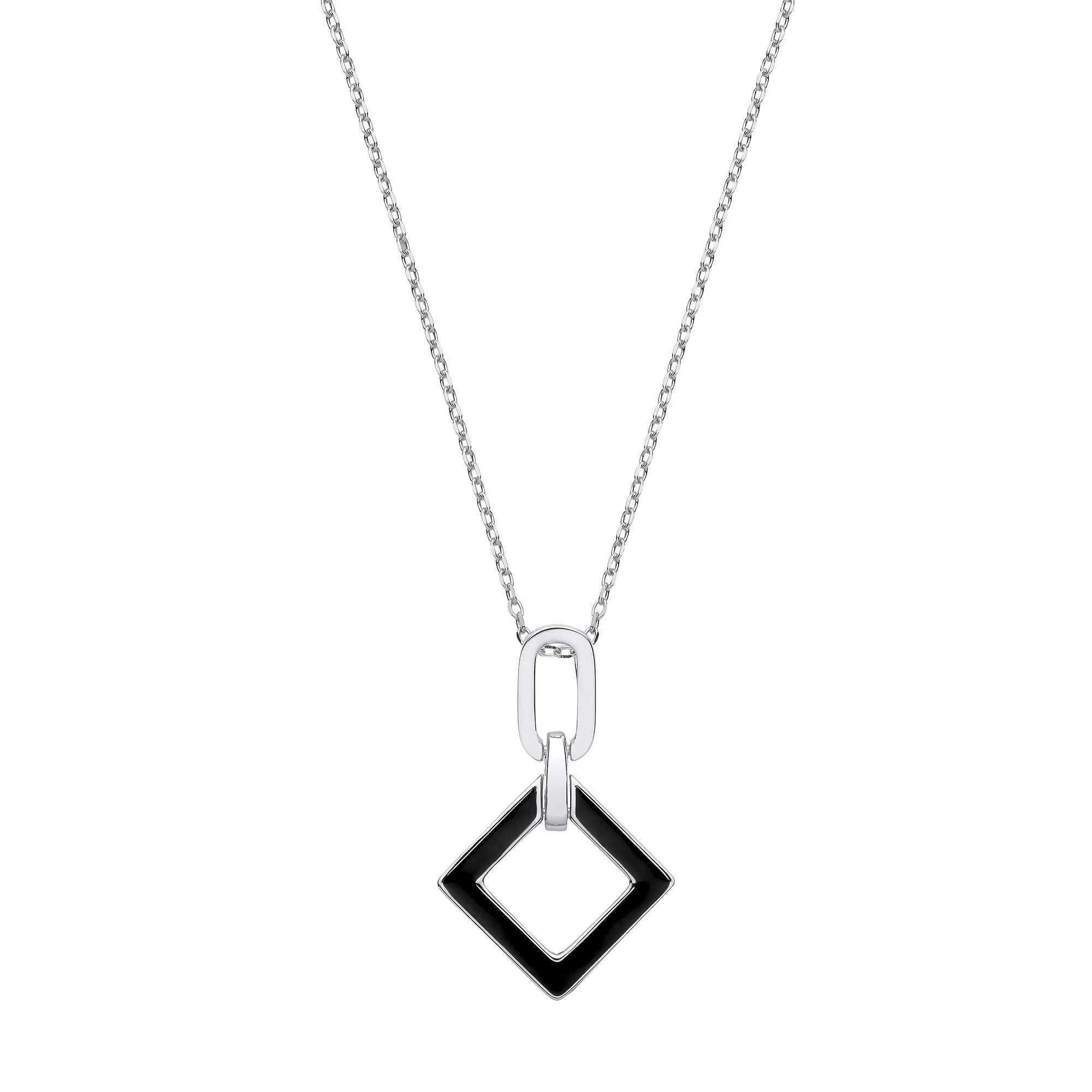 Silver Square Black Enamel Pendant Chain - Silver