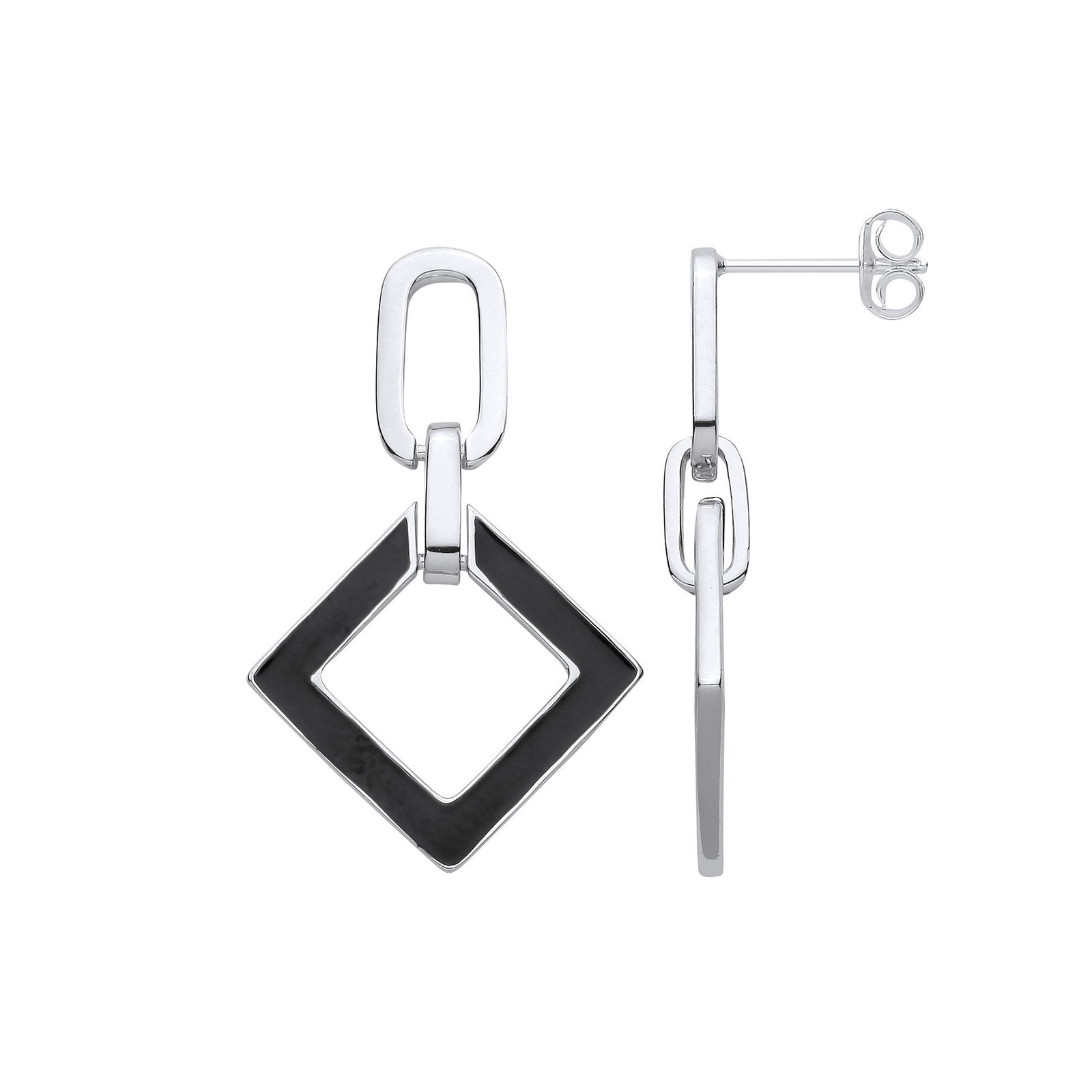 Silver Square Black Enamel Drop Earrings