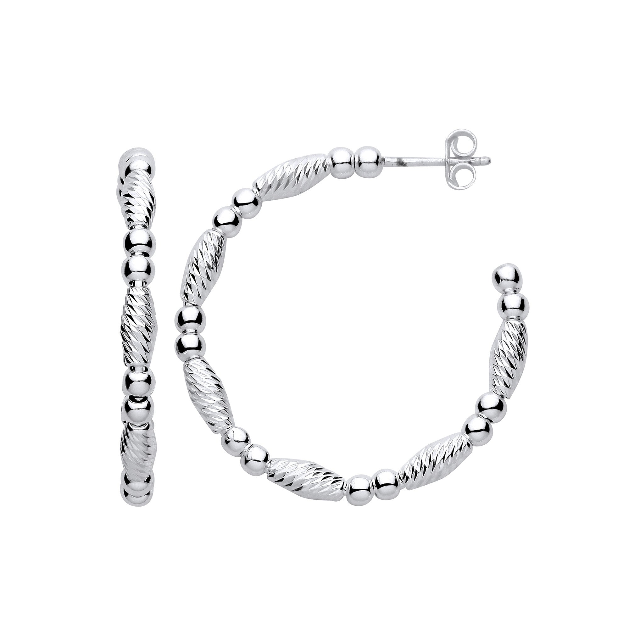 Silver Beads and Twist Medium Hoop Earrings