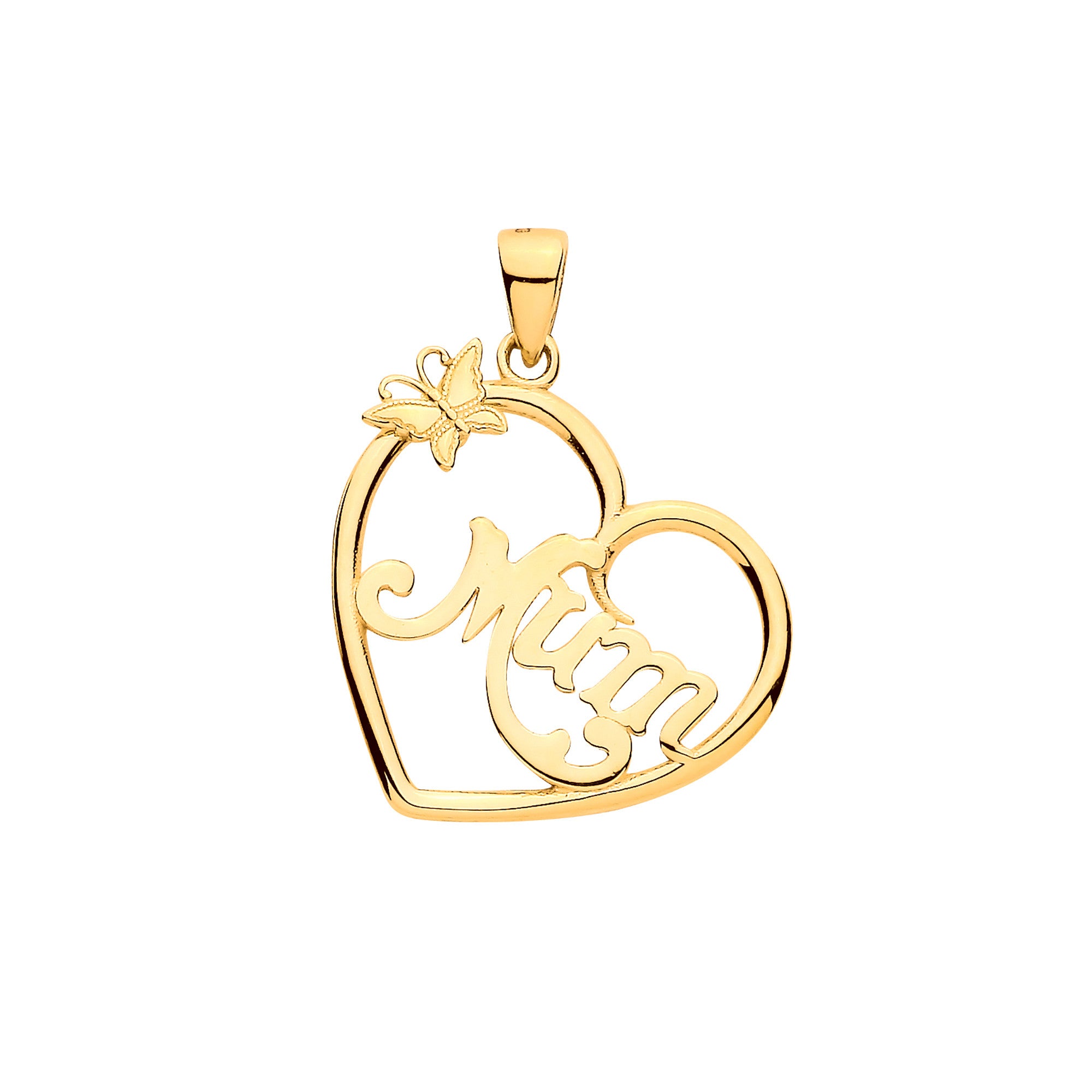 Yellow Gold Mum Heart Butterfly Cut Out Pendant - 9ct Gold