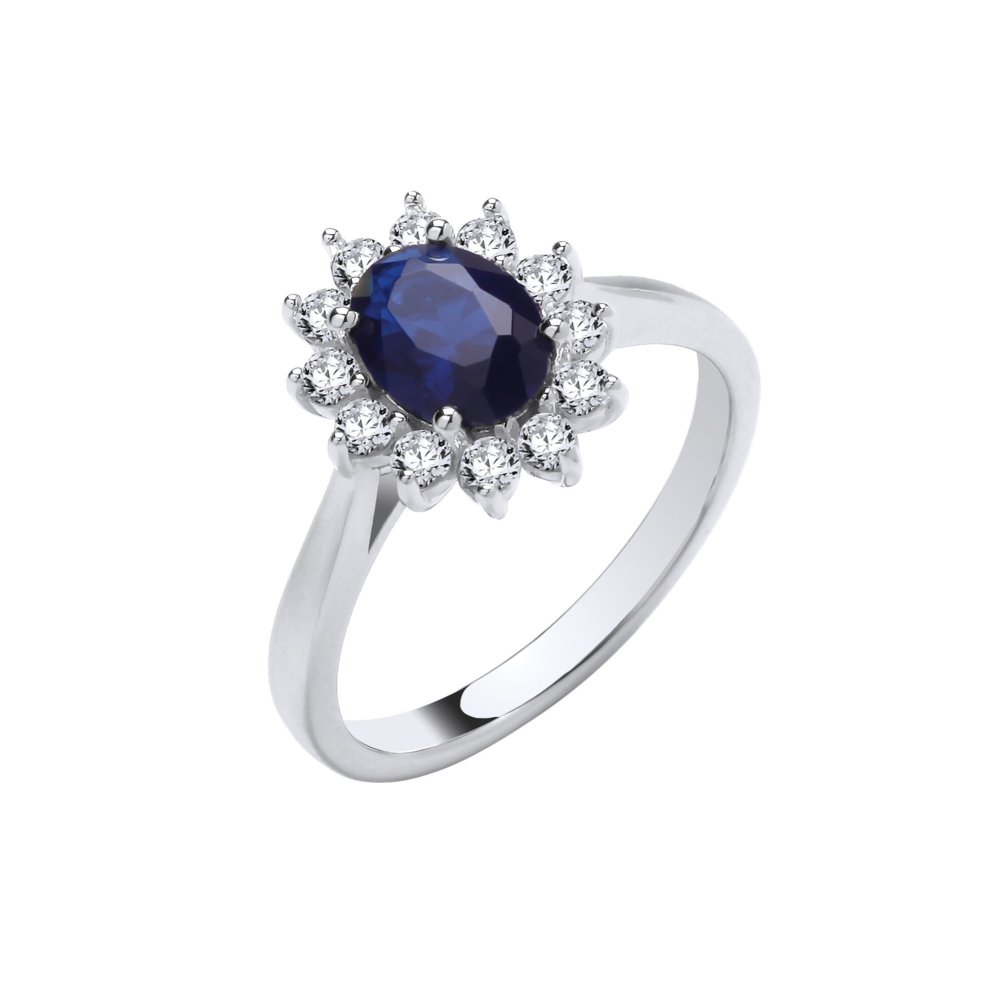 Silver Blue Oval Cubic Zirconia Halo Ring - Silver