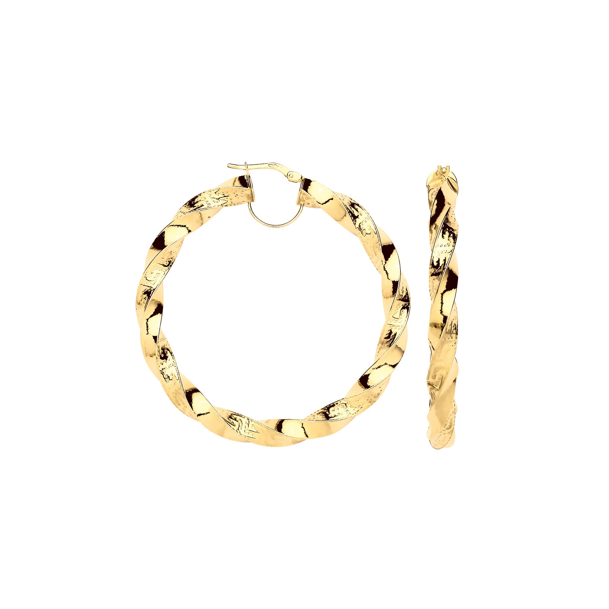 Yellow Gold Twisted Greek Key 50mm Hoop Earrings - 9ct Gold