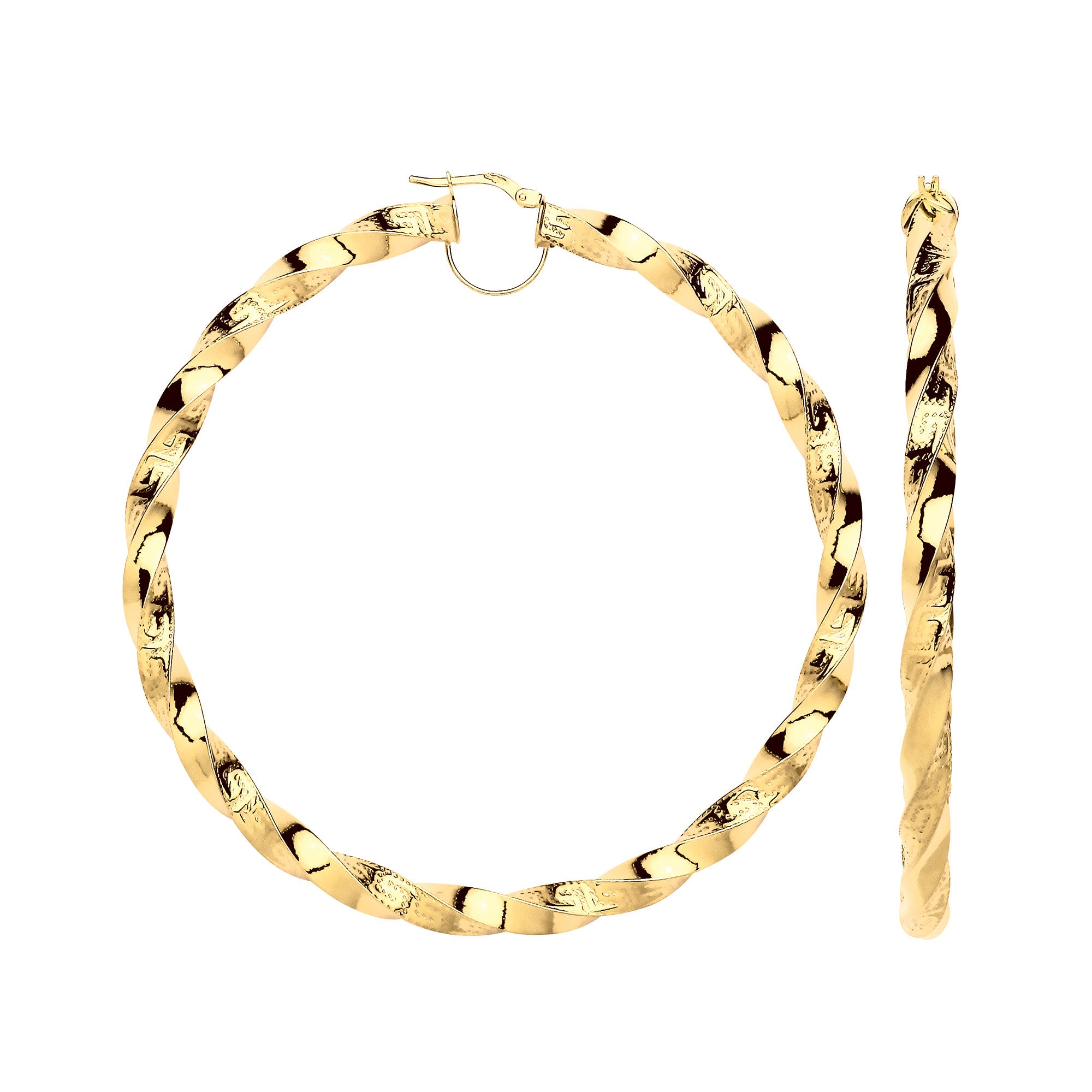Yellow Gold Twisted Greek Key 75mm Hoop Earrings - 9ct Gold