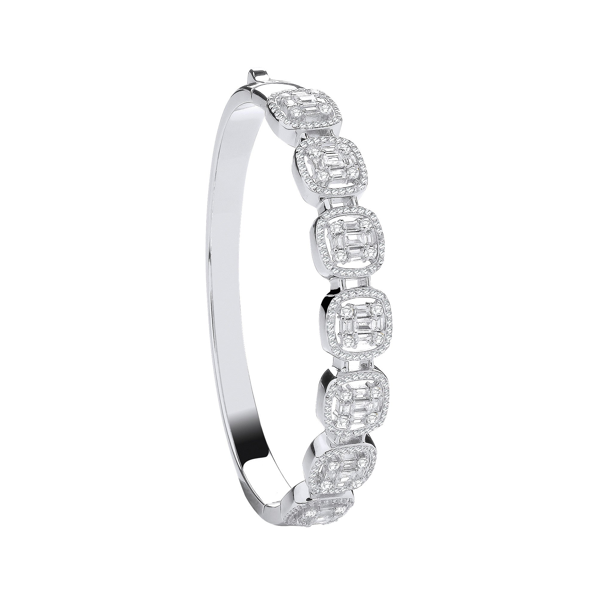 Baguette & Round Cubic Zirconias Halo Style Bangle - Silver