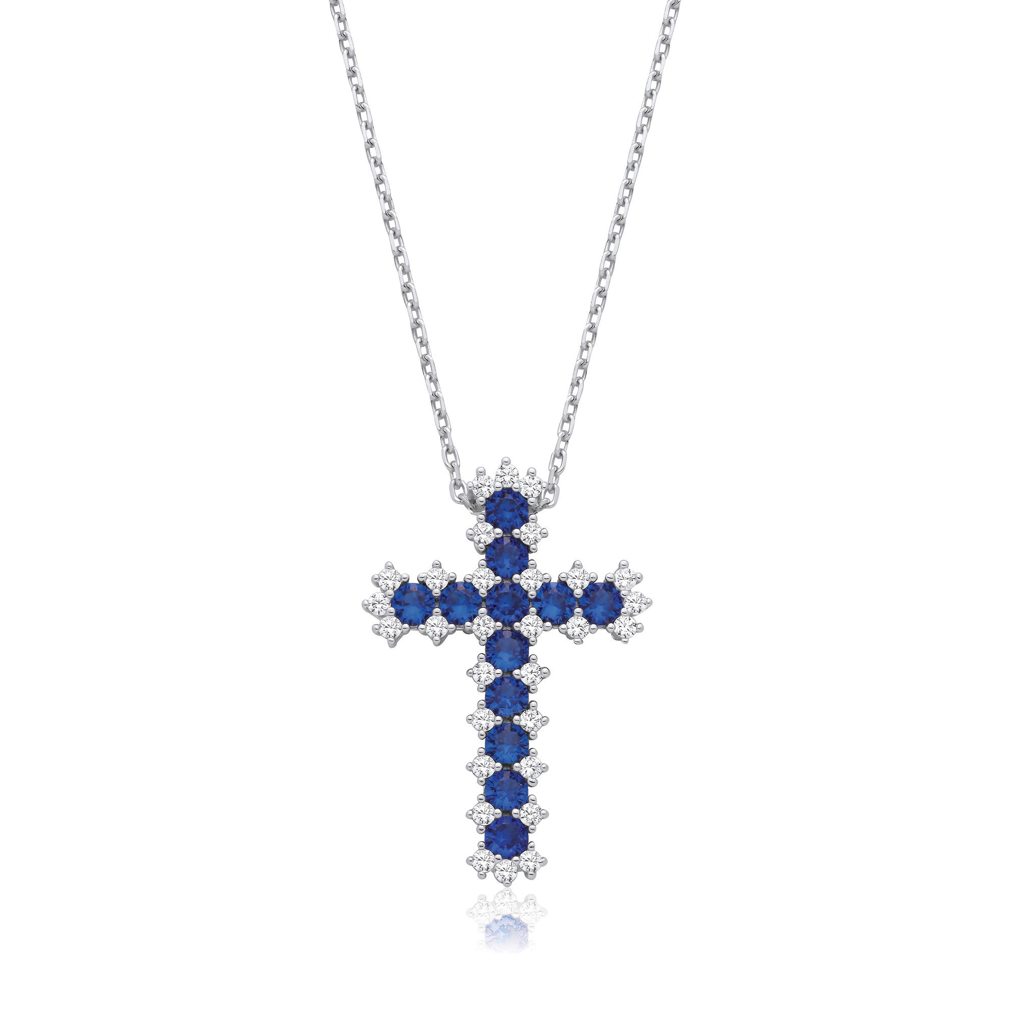 Blue & Clear Cubic Zirconia Cross with Chain - Silver